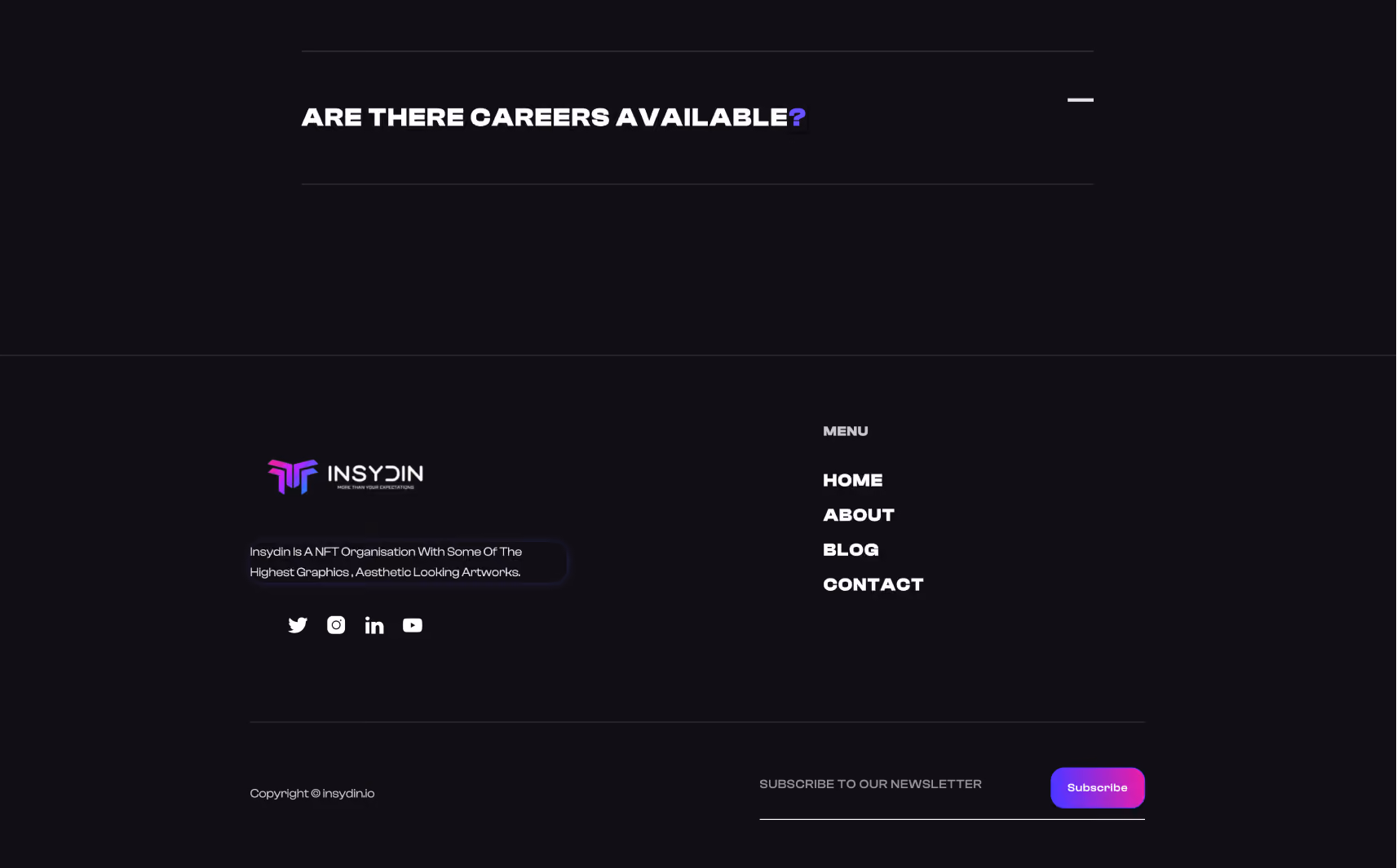 Website footer with insydin logo, description of NFT organisation, social media icons, menu links for Home, About, Blog, Contact, and a newsletter subscription section.