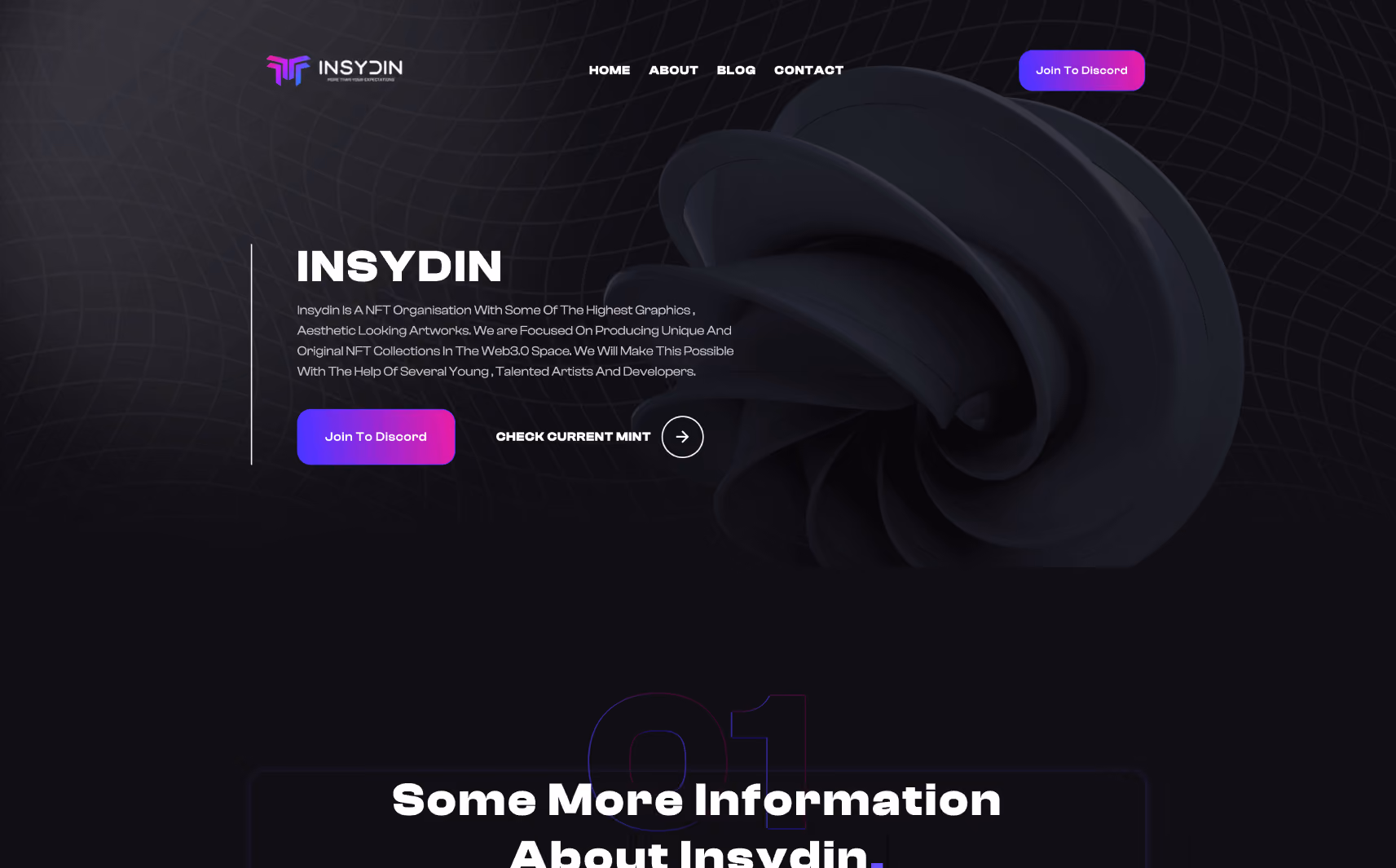 Dark-themed website header for Insydin featuring logo, navigation menu, text about unique NFT collections, and buttons to join Discord and check mint status, with abstract black 3D shape background.