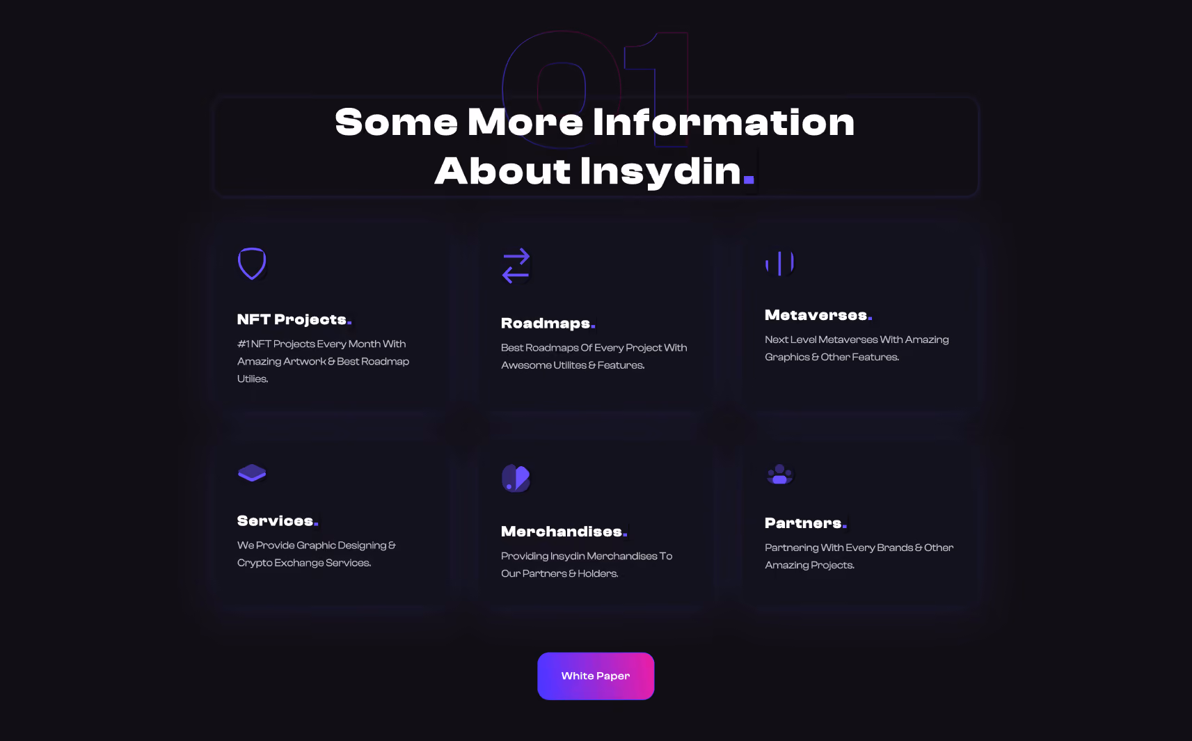 Dark-themed section titled 'Some More Information About Insydin' highlighting six features: NFT Projects, Roadmaps, Metaverses, Services, Merchandises, and Partners, with a 'White Paper' button below.