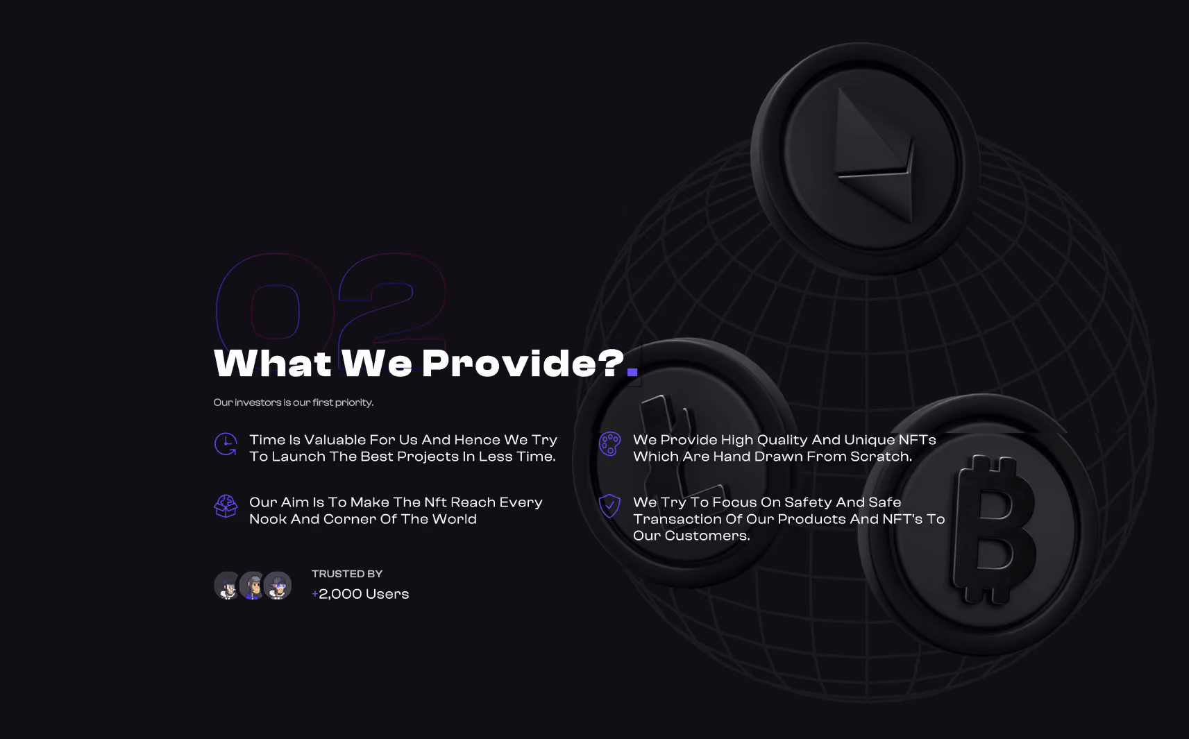 Dark-themed graphic titled 'What We Provide?' with four key points about NFT project priorities and trust by 2,000+ users, alongside 3D icons of Ethereum, Bitcoin, and a third cryptocurrency.