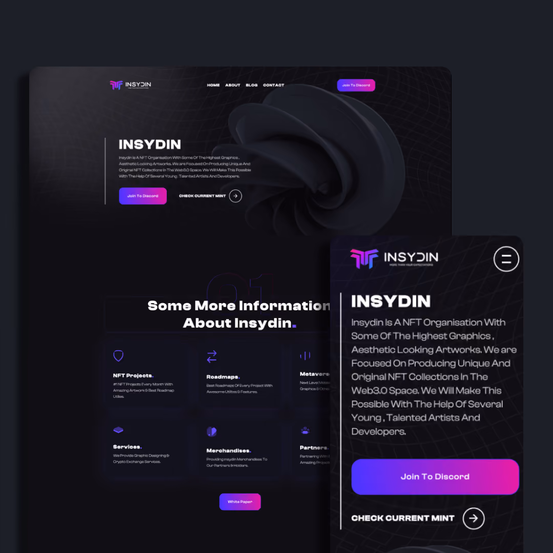 Dark-themed website homepage for Insydin NFT organization featuring navigation menu, 3D abstract black shape, and sections about NFT projects, roadmaps, metaverse, services, merchandise, and partners.