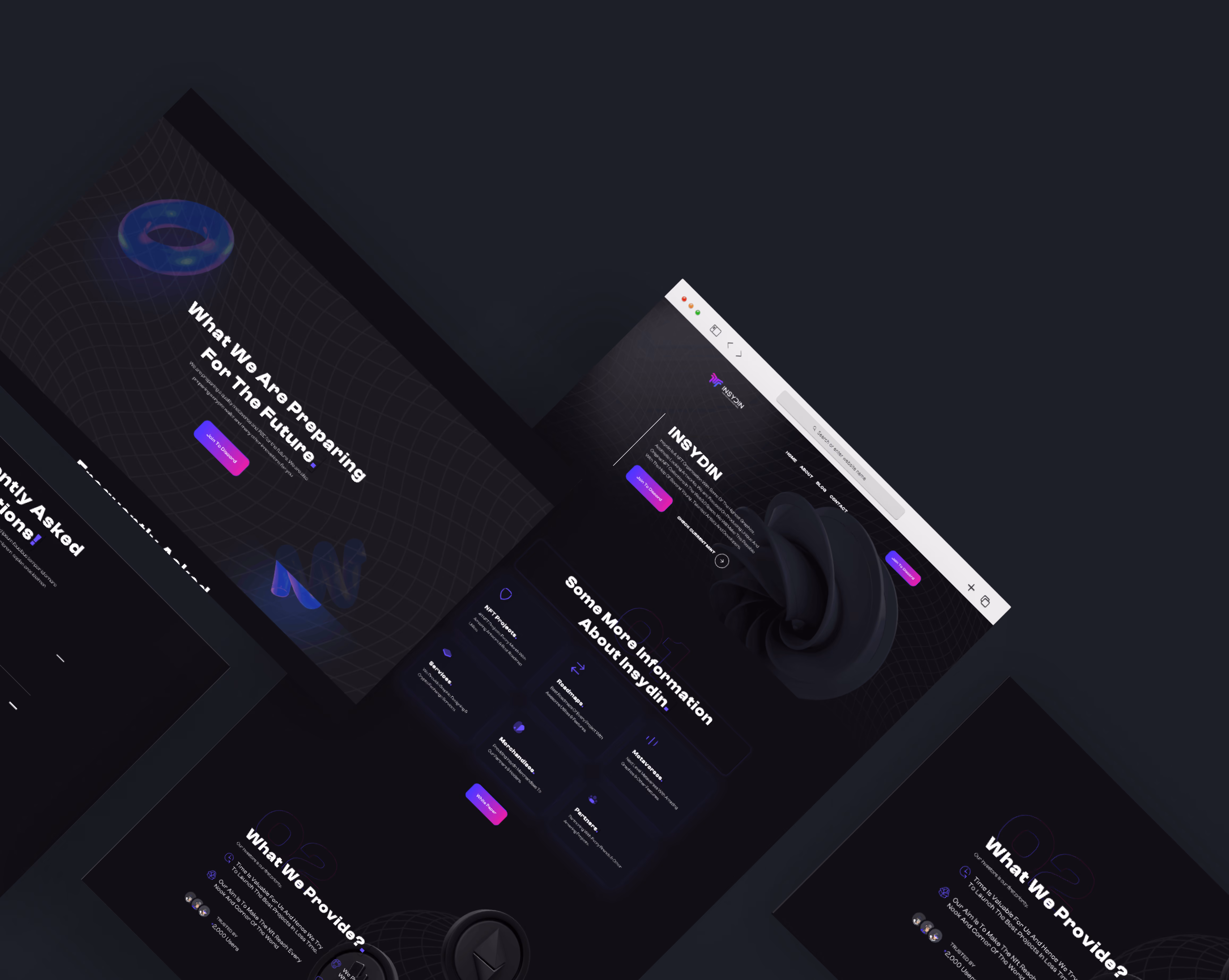 Dark-themed website layout showcasing sections about future preparation, frequently asked questions, services including NFT projects and metaverse, and partnership details.