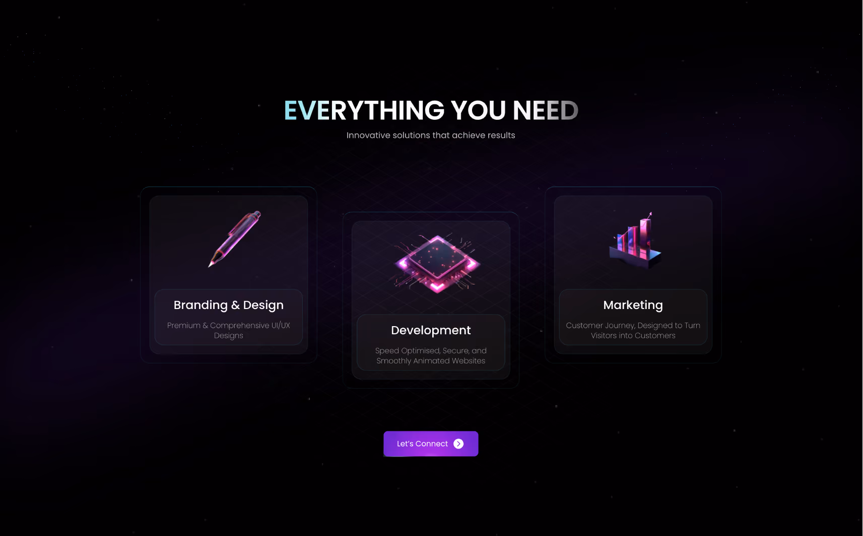 Dark themed digital service offerings with icons for Branding & Design, Development, and Marketing under the heading Everything You Need.