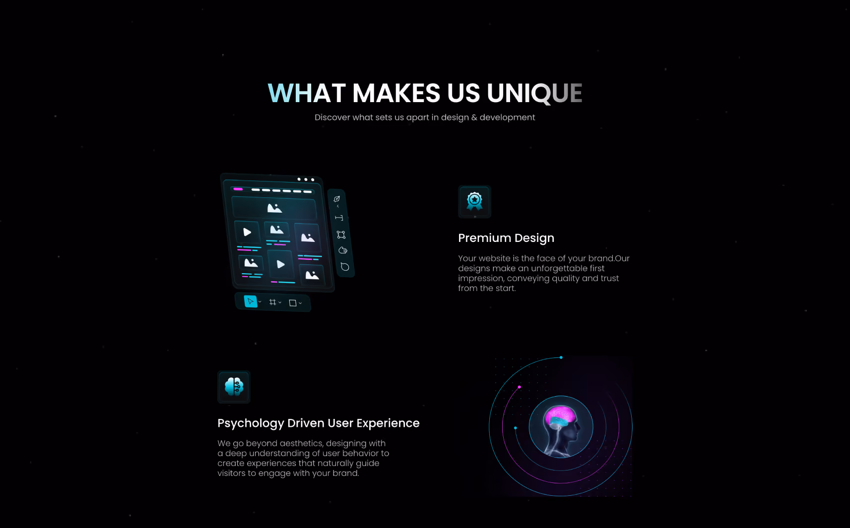 Dark-themed design layout titled 'What Makes Us Unique' featuring icons and descriptions for Premium Design and Psychology Driven User Experience with a digital brain visual.