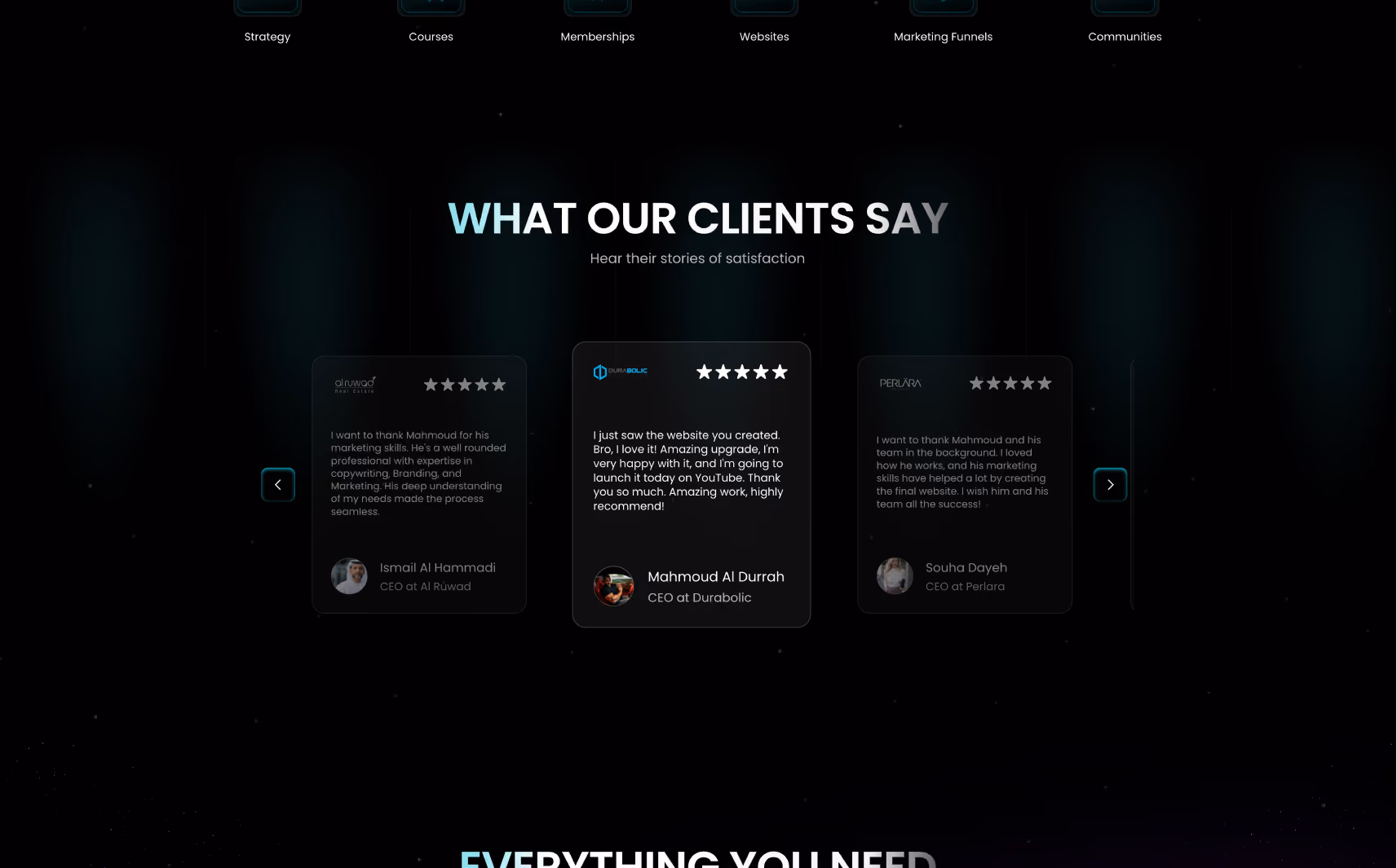 Website section titled 'What Our Clients Say' featuring three client testimonial cards with star ratings and CEO photos from Al Ruwad, Durabolic, and Perlara.
