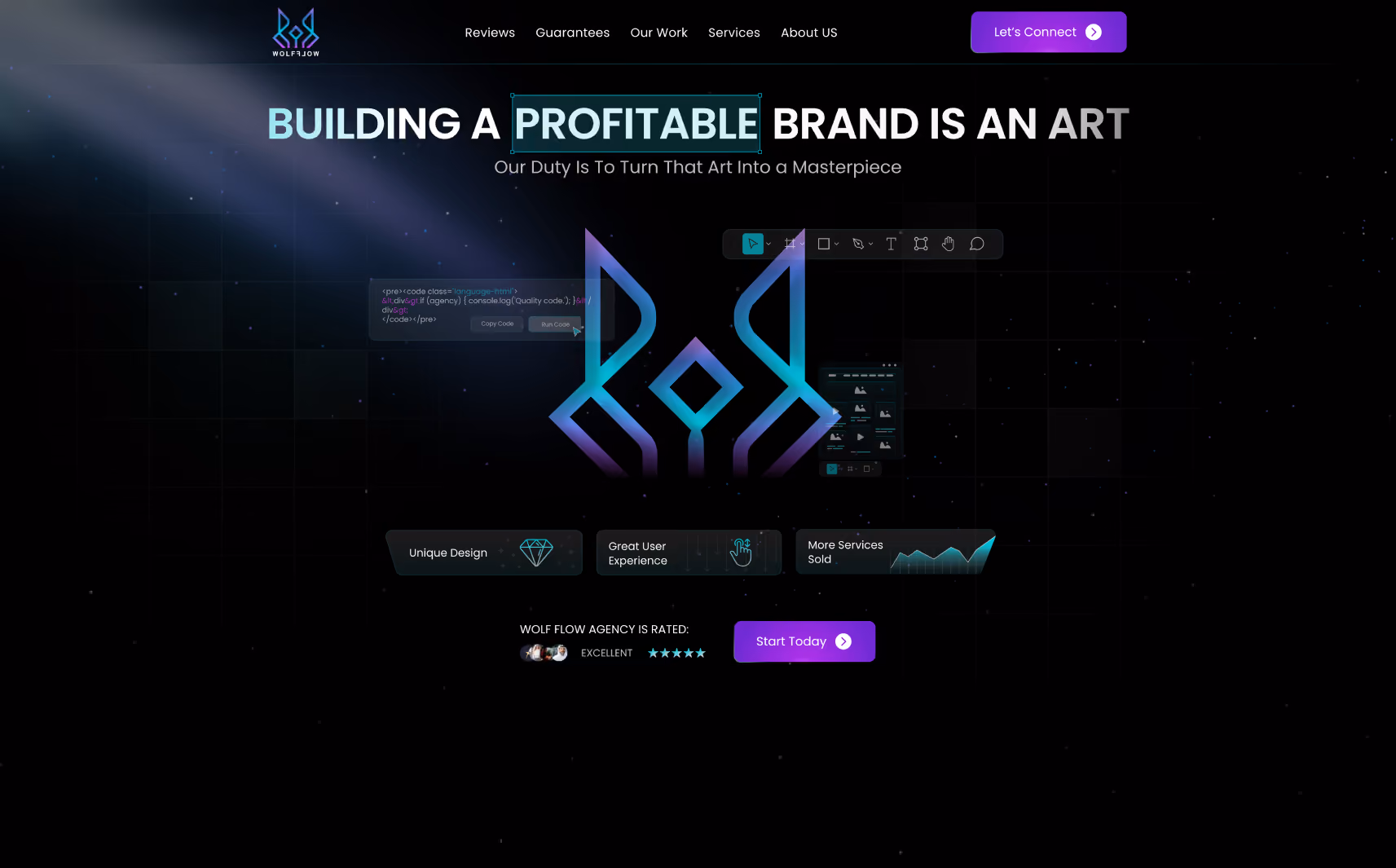 Dark-themed website header with a colorful geometric wolf logo and text saying 'BUILDING A PROFITABLE BRAND IS AN ART' plus menu options and a purple 'Let's Connect' button.