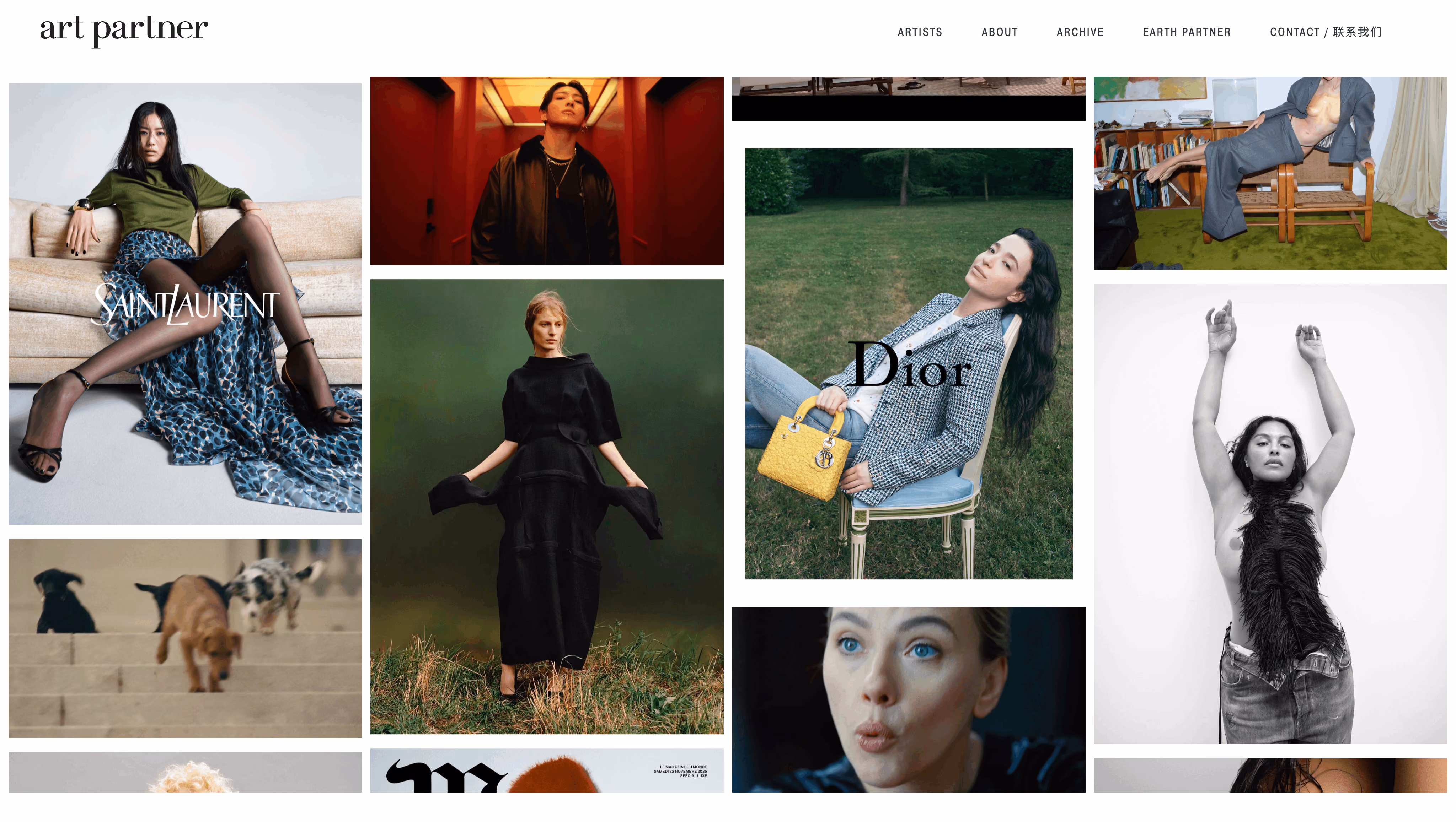 Website homepage of art partner showing a collage of fashion and portrait photographs including models and dogs, with logos Saint Laurent and Dior overlaid on two images.