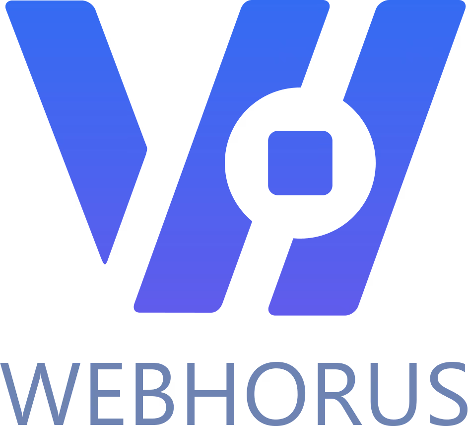 Blue gradient stylized eye logo above the word WebHorus in blue letters.