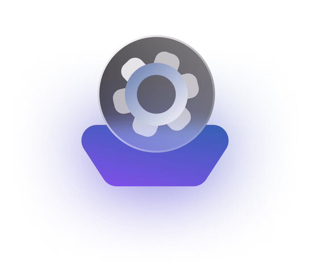 Blue and gray gear icon above a stylized purple platform shape on a black background.