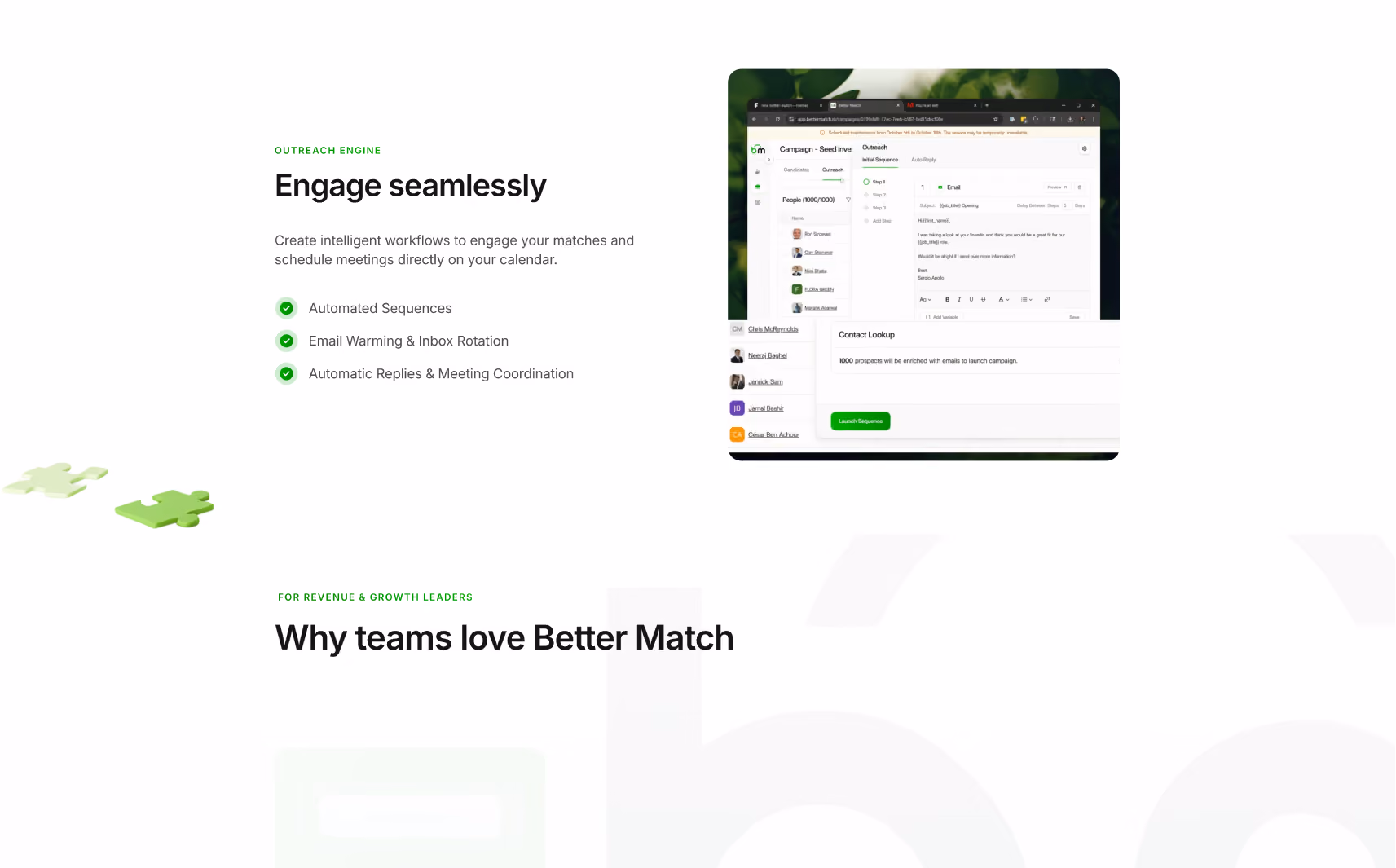Webpage section showing outreach engine features with checklist icons and a software interface screenshot for campaign management.