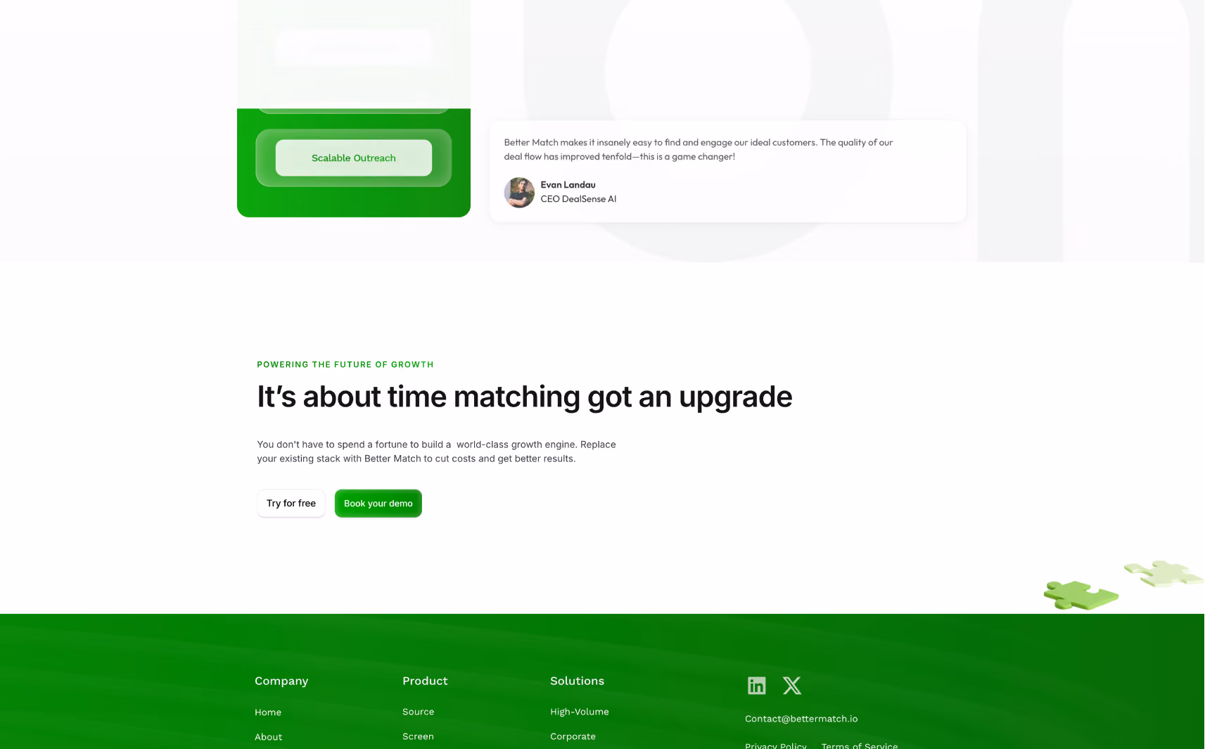 Website section with headline 'It’s about time matching got an upgrade', a call-to-action with buttons 'Try for free' and 'Book your demo', and a testimonial from Evan Landau, CEO of DealSense AI.