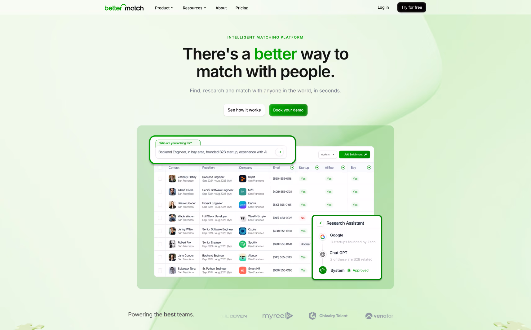 Better Match website homepage showing a matching platform interface with user roles, company contacts, and a research assistant panel featuring Google, Chat GPT, and System.