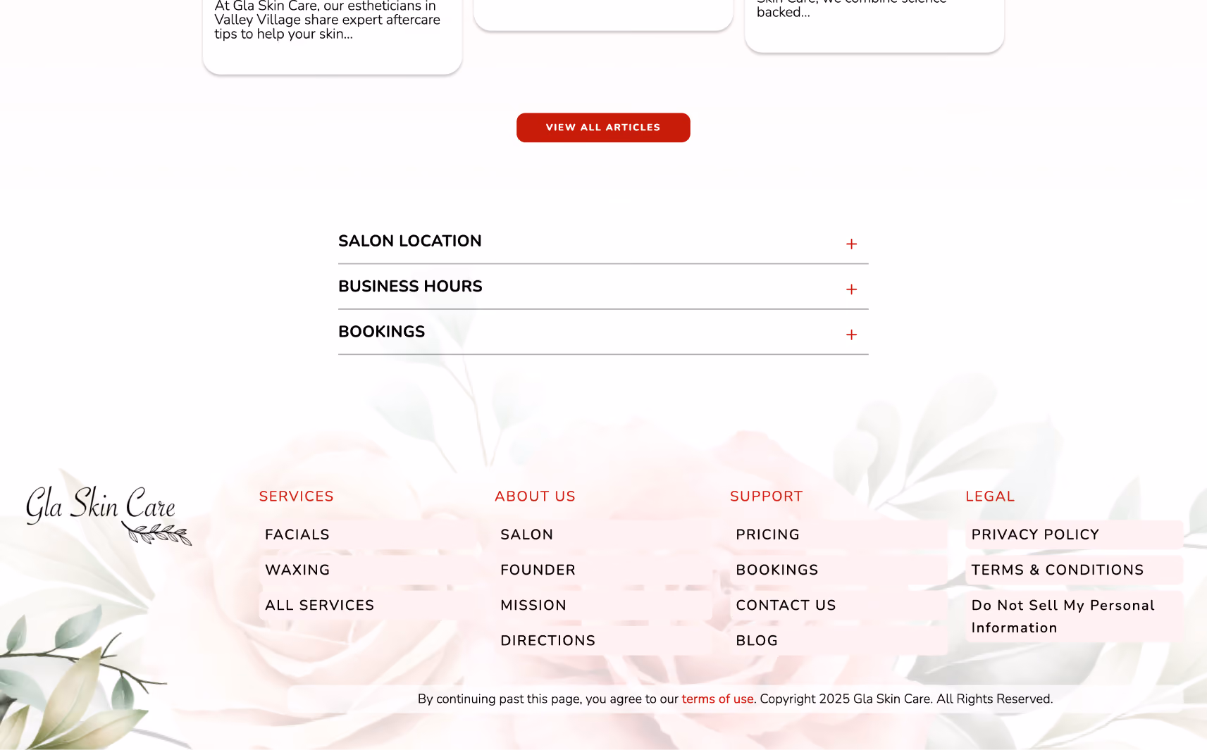Footer of Gla Skin Care website with navigation links for Services, About Us, Support, and Legal, and a floral background.