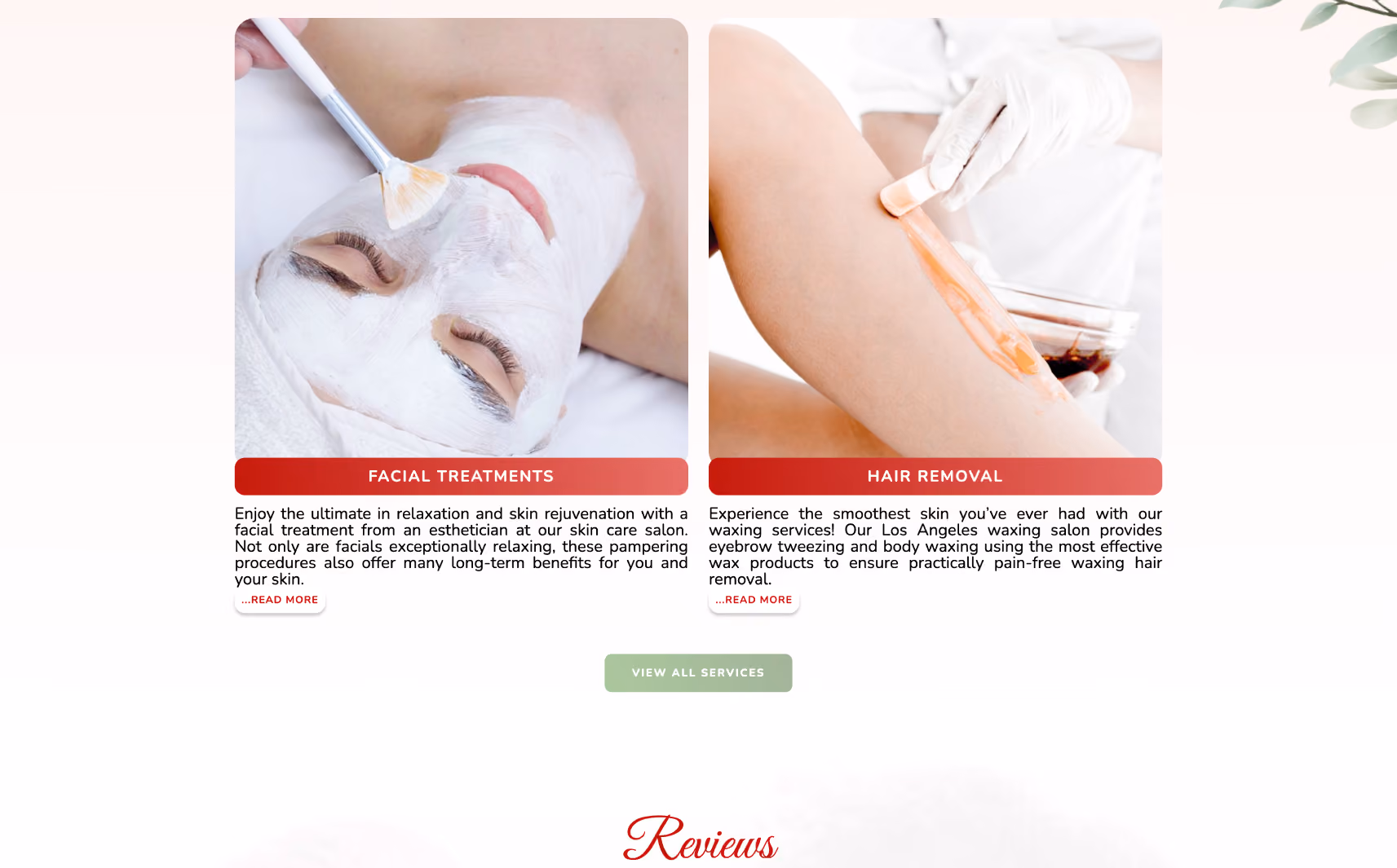 Left image shows a woman receiving a facial mask treatment with a brush, right image shows a gloved hand applying wax on a leg for hair removal.