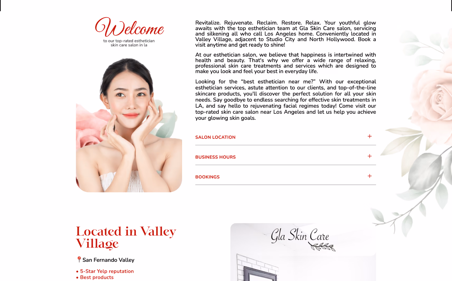 Smiling woman touching her face with floral accents; text promoting Gla Skin Care esthetician services near Los Angeles.