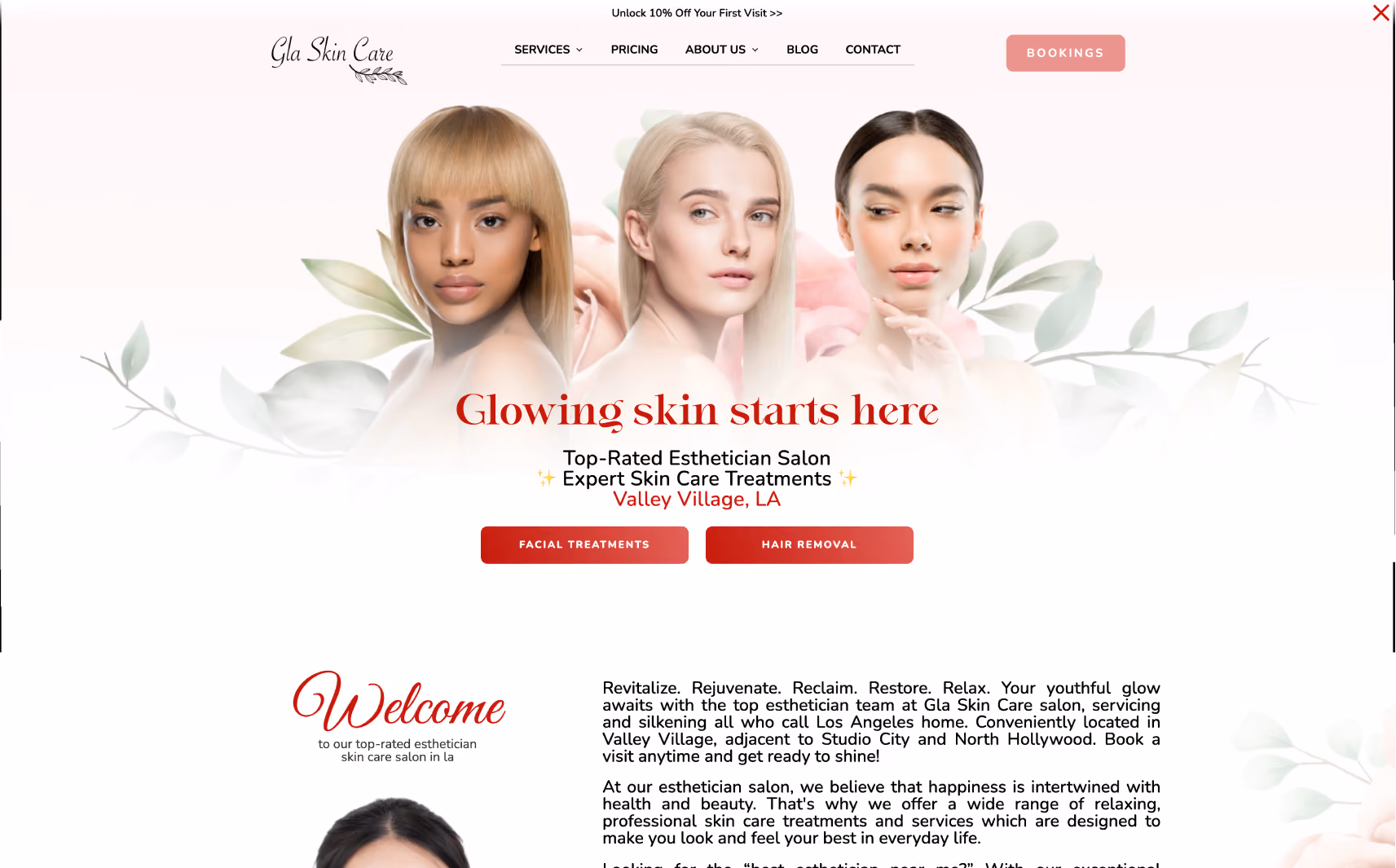 Website header for Gla Skin Care featuring three diverse women with clear skin, floral background, and text about top-rated esthetician salon in Valley Village, LA.