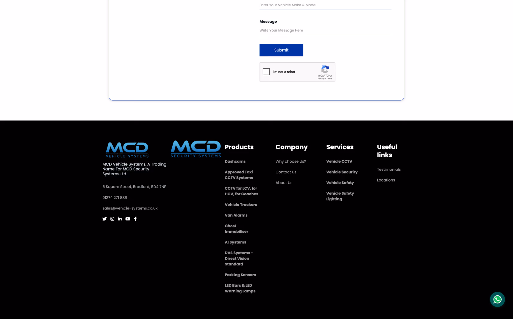 Footer section of MCD Vehicle Systems website showing company logos, contact info, product categories, company details, services, useful links, and social media icons on black background.