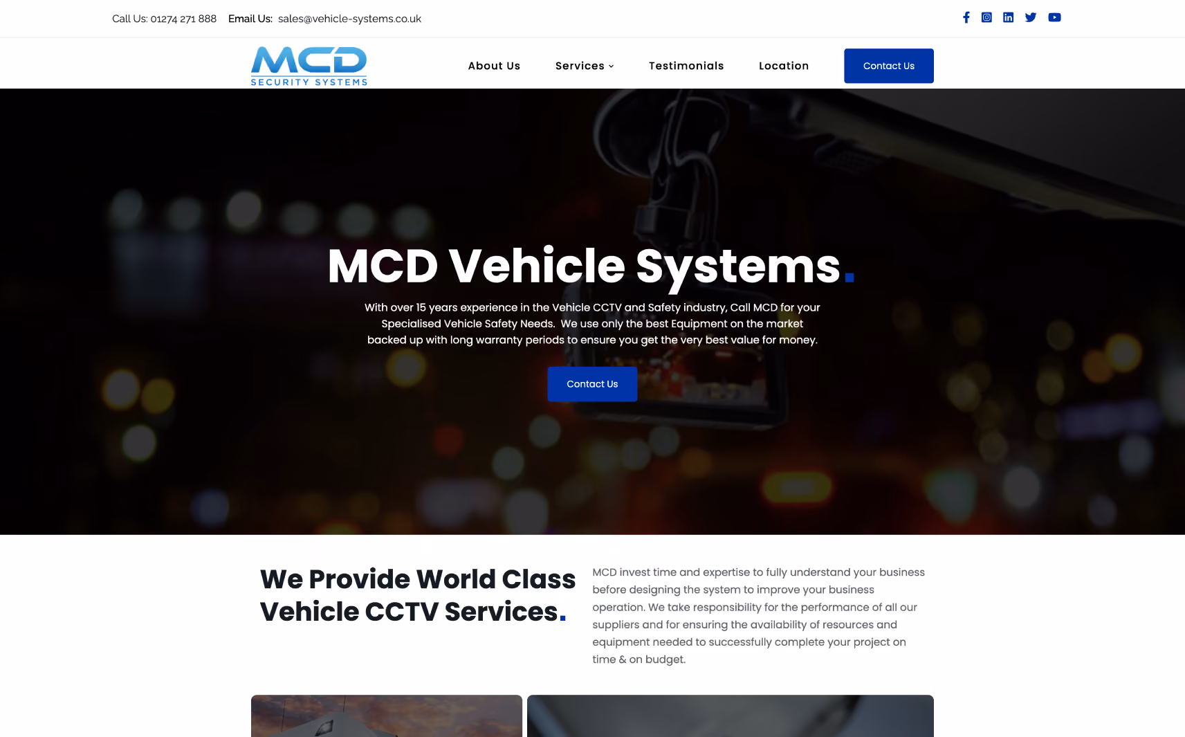 Website homepage header for MCD Vehicle Systems featuring contact info, logo, navigation menu, and a dashboard camera image with text about vehicle CCTV and safety services.
