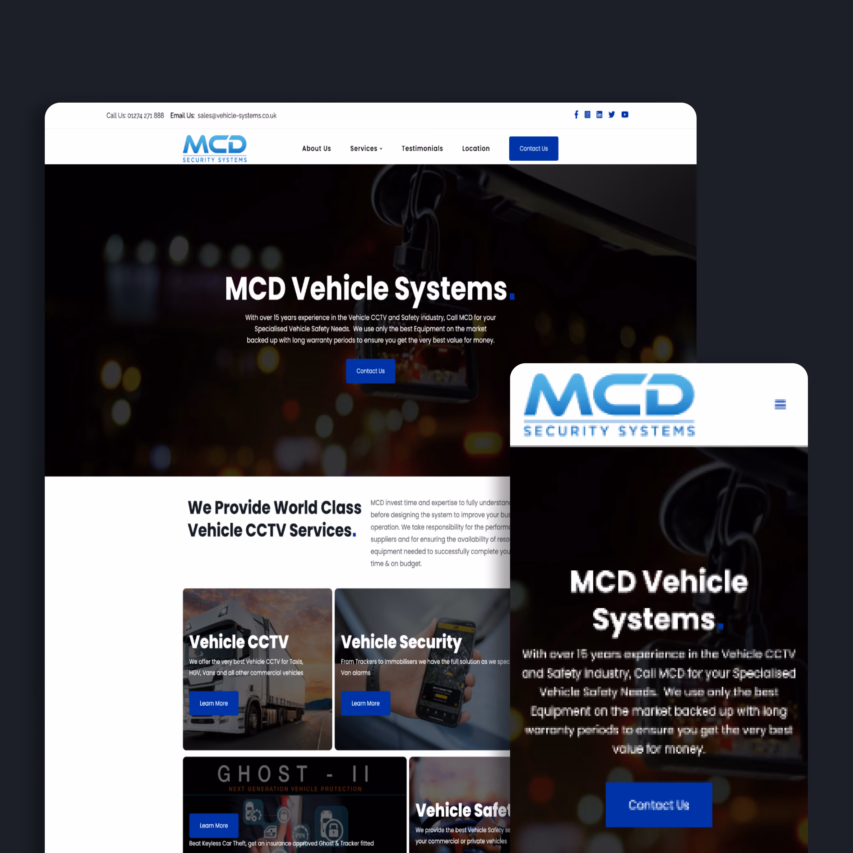 MCD Security Systems website homepage showing vehicle CCTV and security services with a contact button.