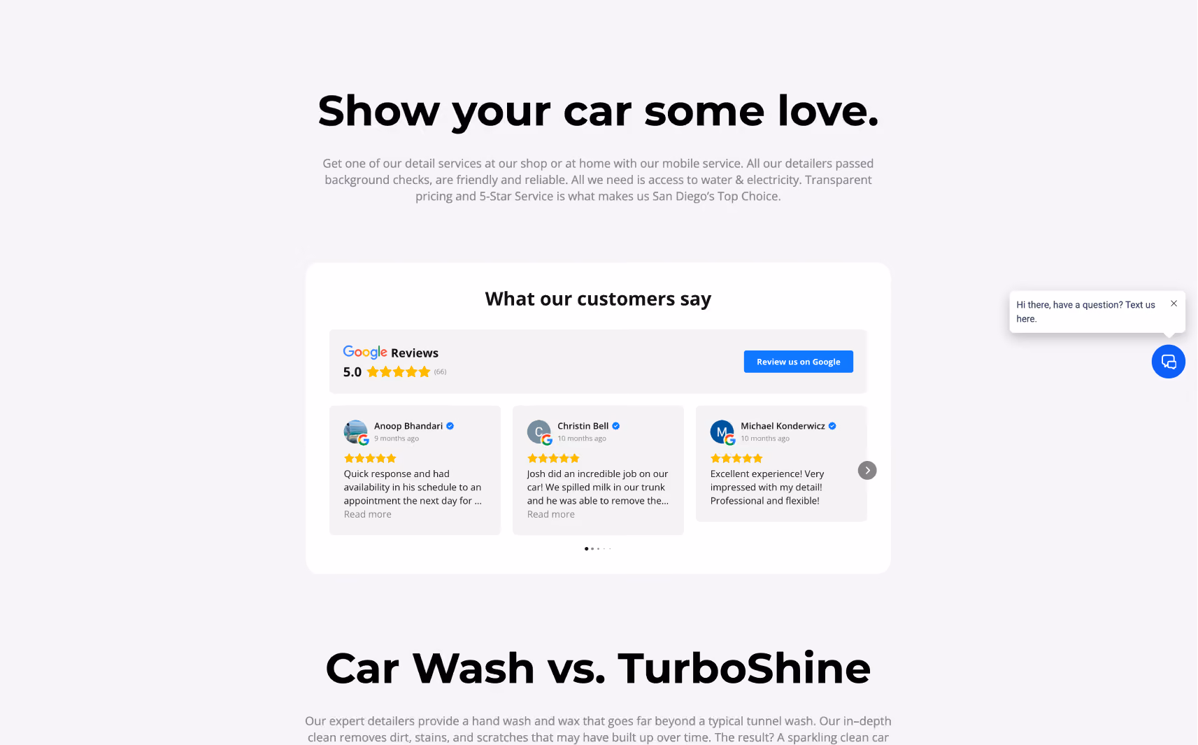 Customer reviews section with a 5-star Google rating and three highlighted testimonials praising car detailing services.