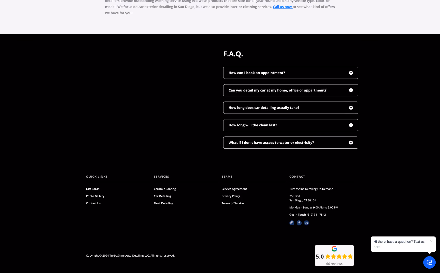 FAQ section with five expandable questions about car detailing, footer with quick links, services, terms, contact info, social icons, and a Google 5-star review badge.