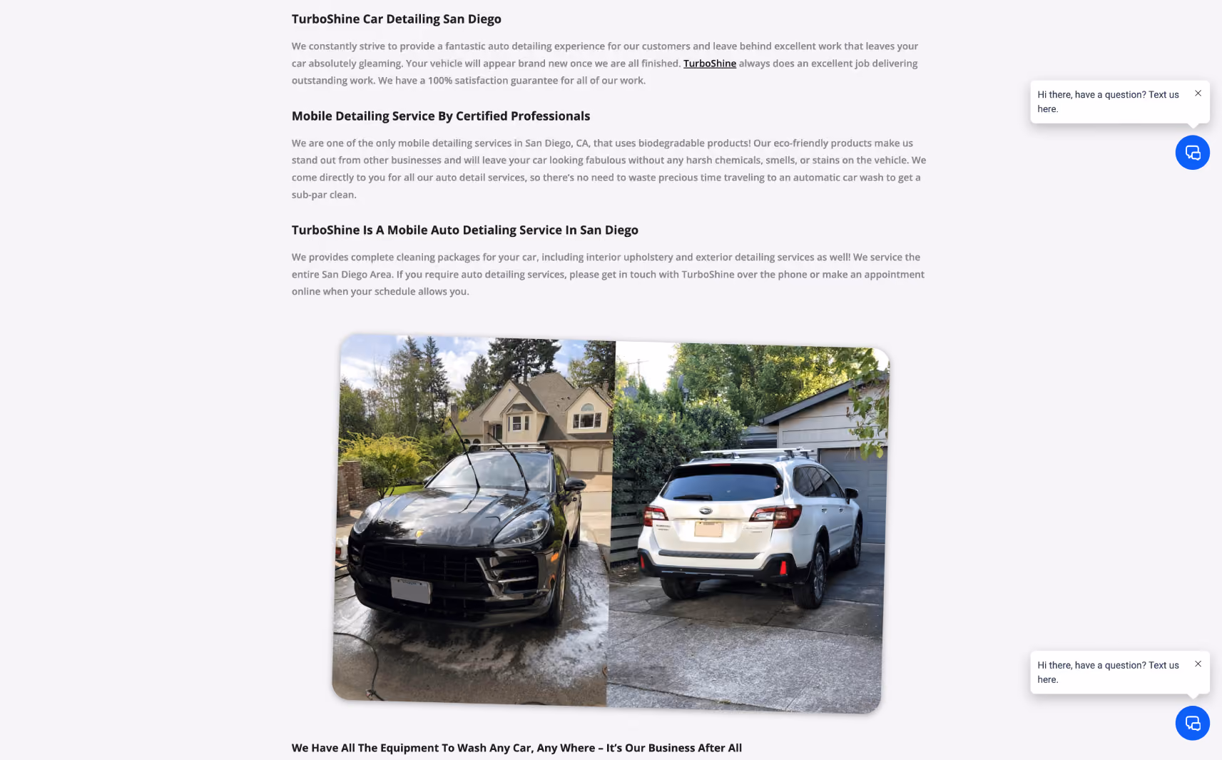 Two cars parked in driveways; a black Porsche SUV with windshield wipers raised on the left and a white Subaru SUV on the right, surrounded by trees and houses.