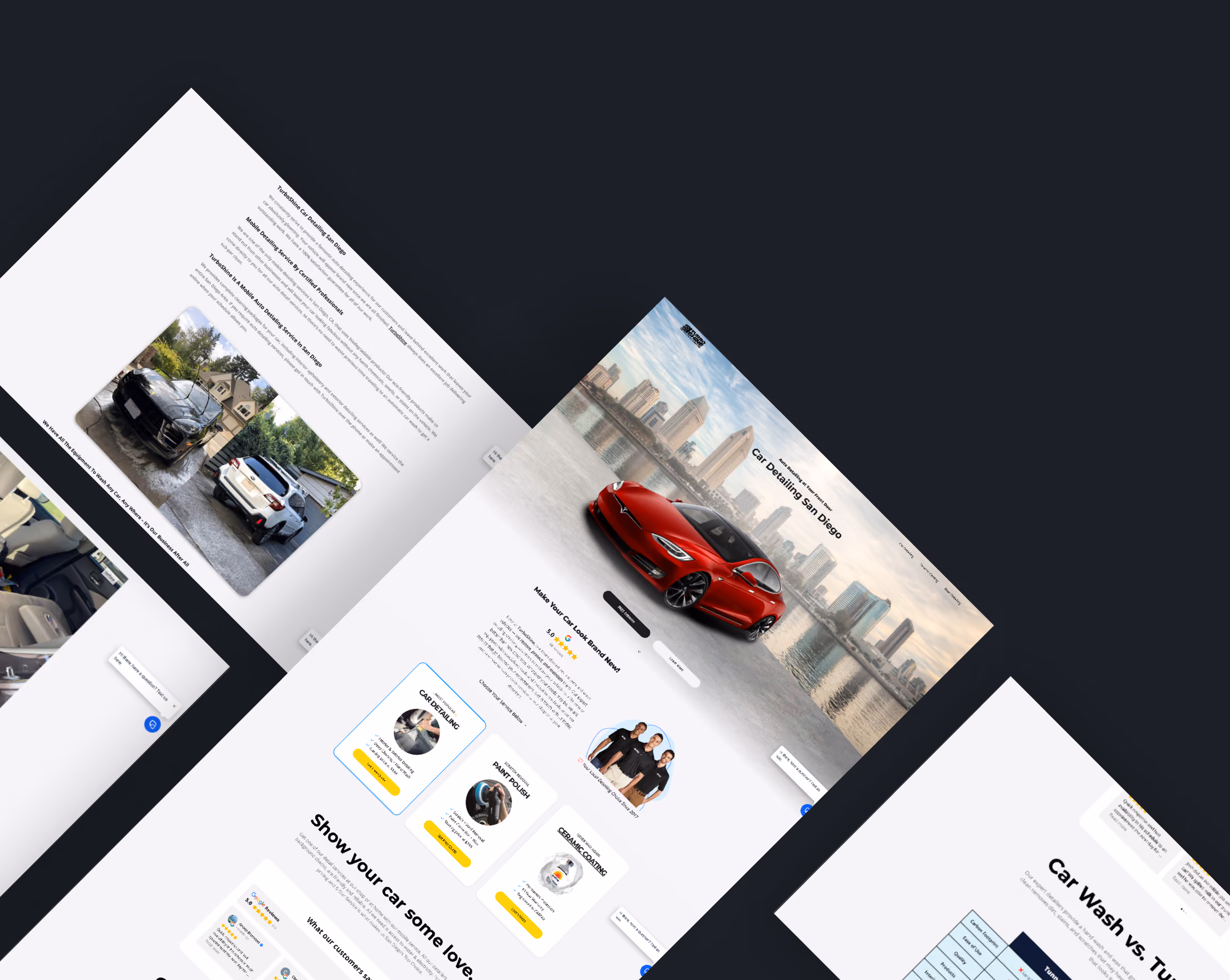 Website layout for car detailing services featuring a red car with a city skyline background and service options with reviews and photos of detailed cars.