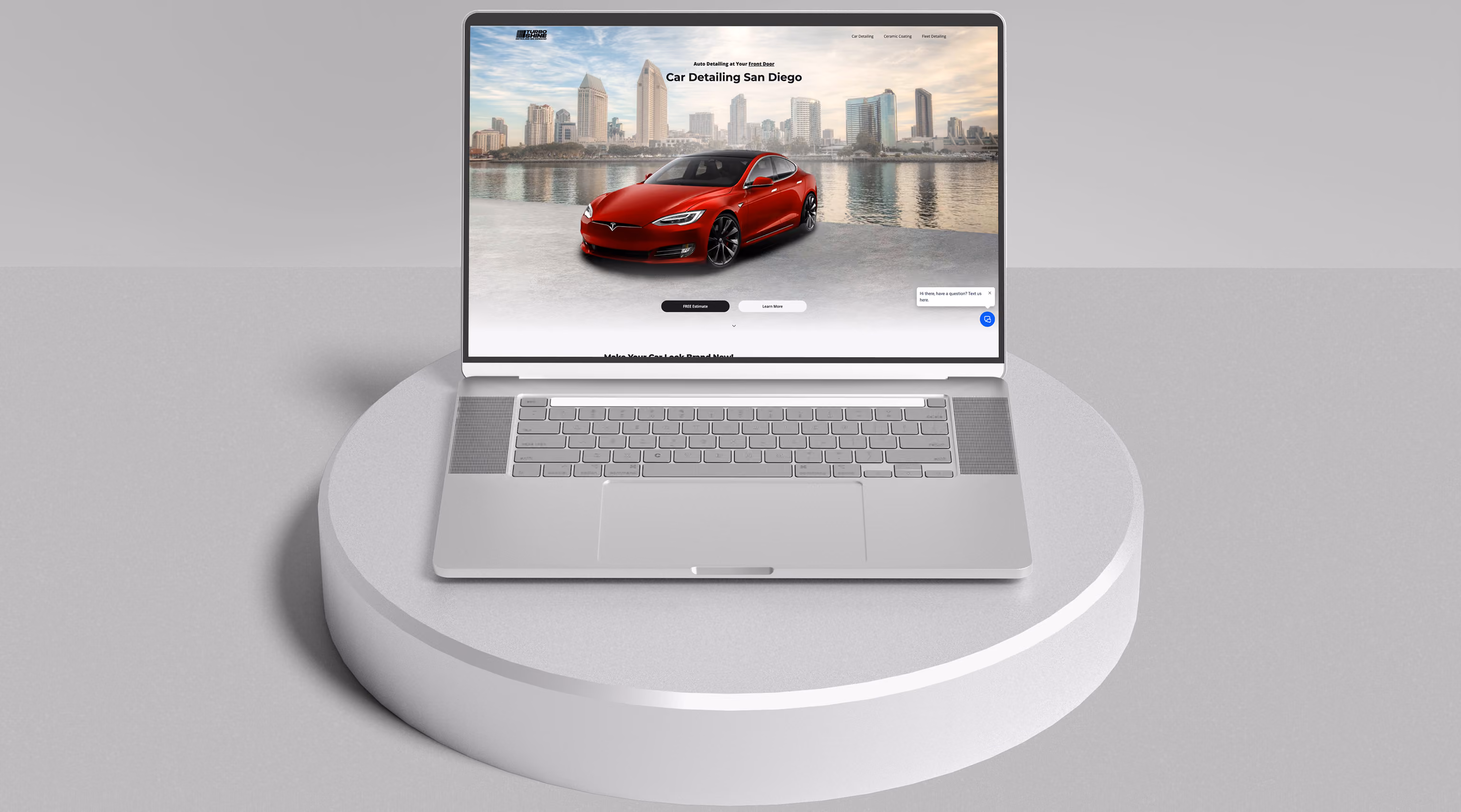Silver laptop displaying a red Tesla car with San Diego skyline background on a car detailing website.