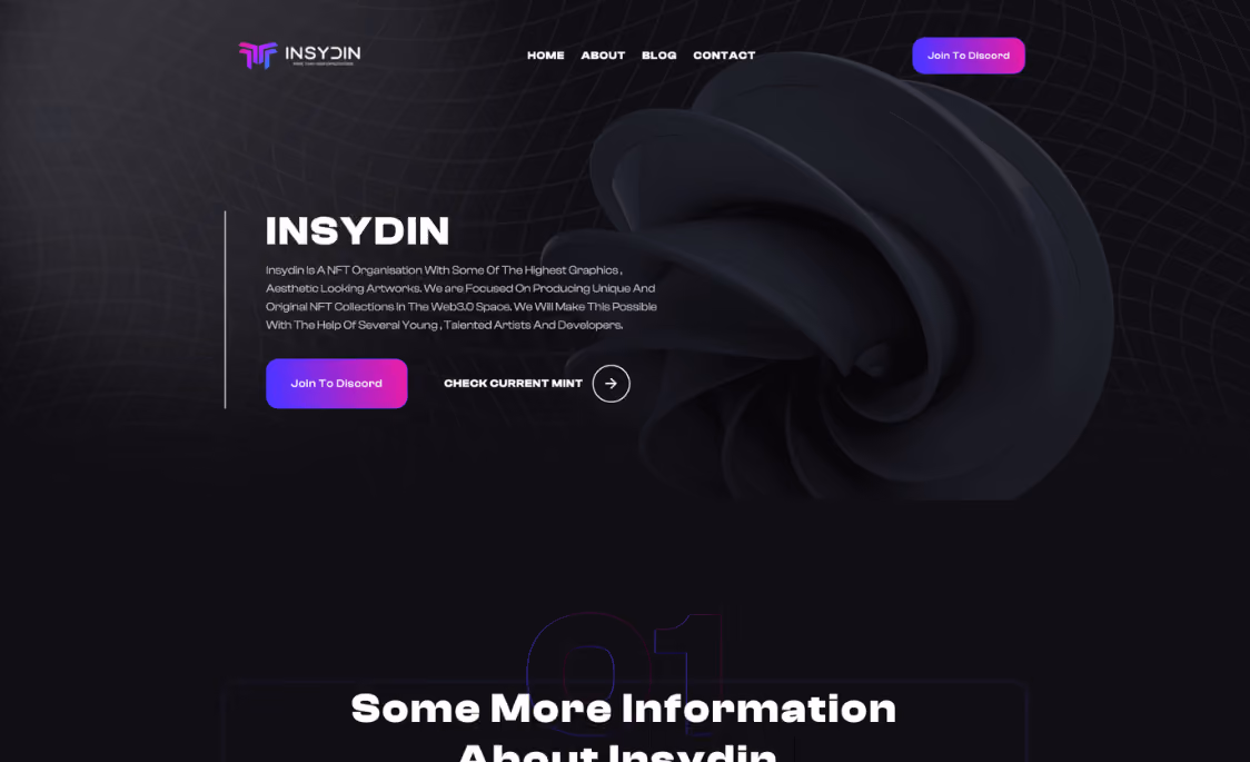 INSYDIN NFT organization homepage header with navigation menu, abstract dark 3D shape, and buttons to join Discord and check current mint.