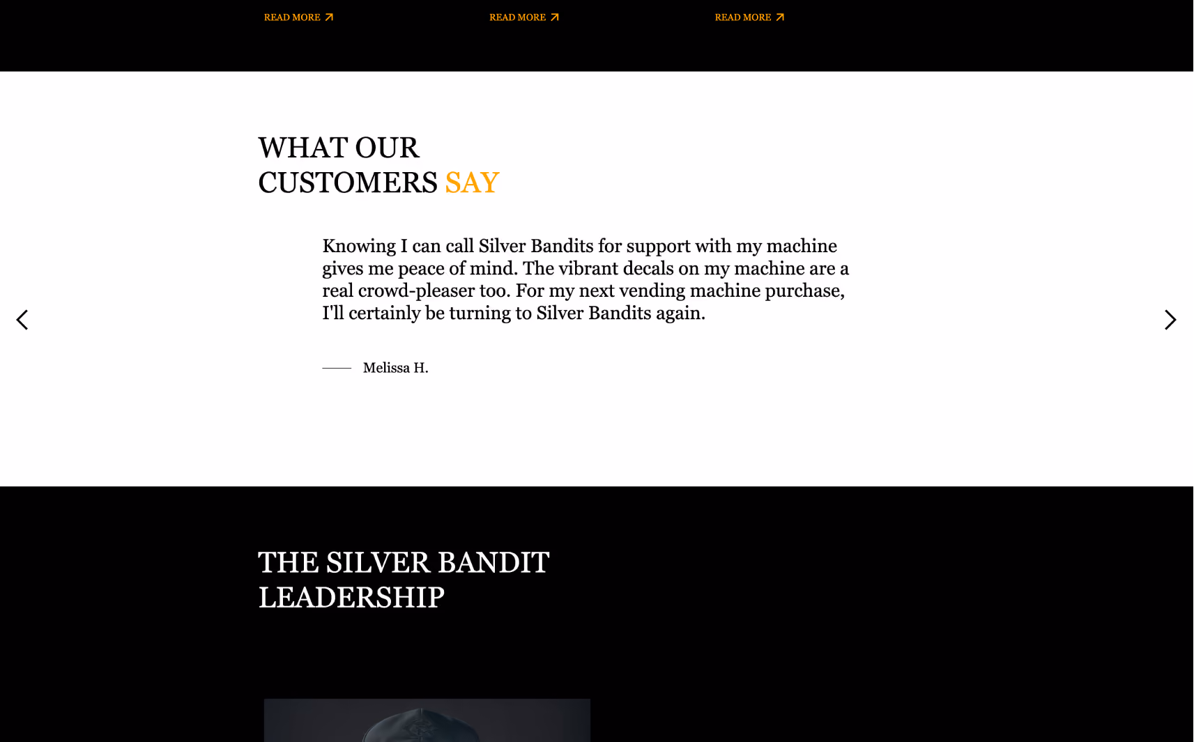 Customer testimonial stating peace of mind calling Silver Bandits for machine support and satisfaction with vibrant machine decals, signed Melissa H.