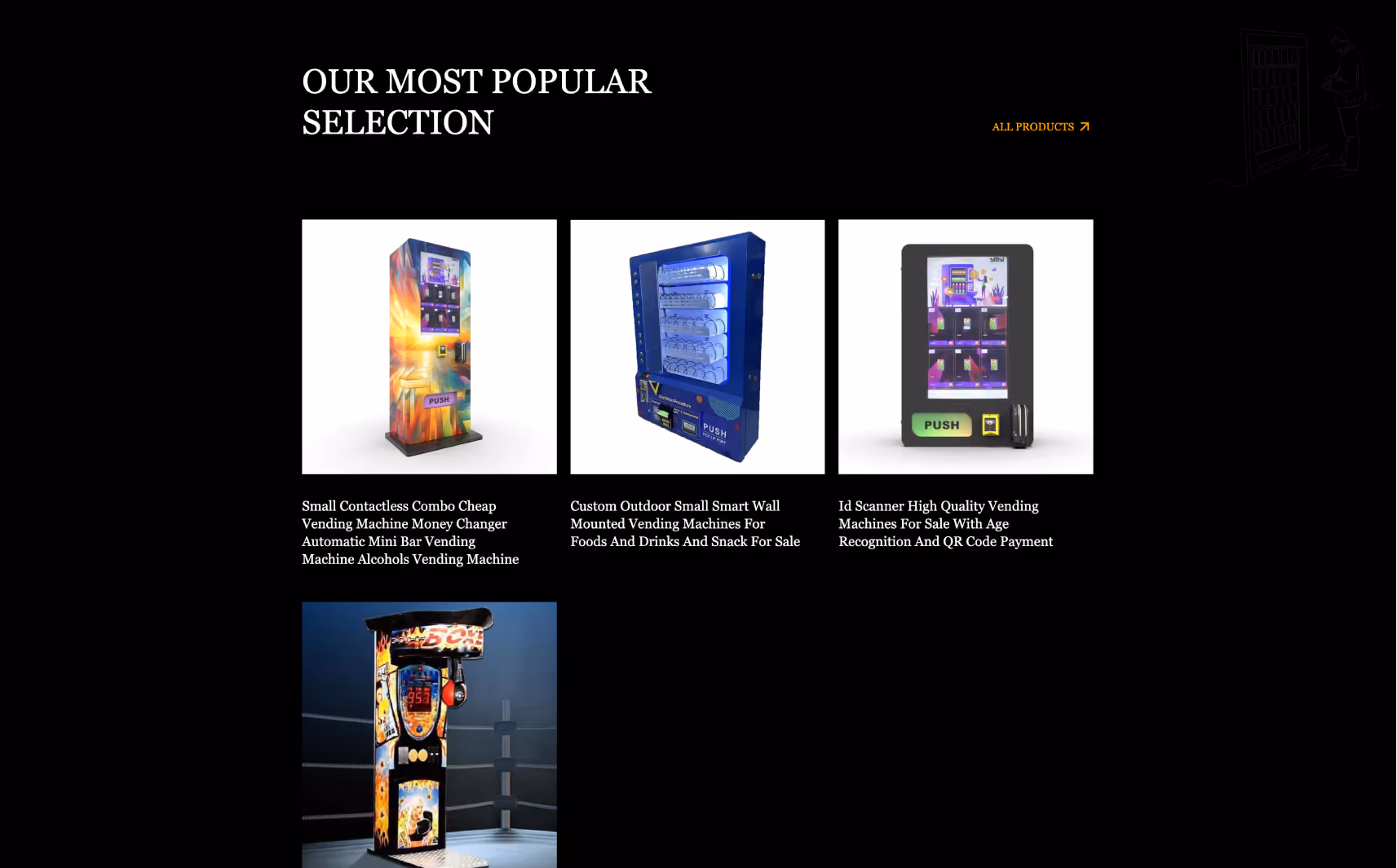 Four types of vending machines including a colorful contactless mini bar, a blue smart wall-mounted snack machine, an ID scanner vending machine with QR payment, and a boxing game vending machine.