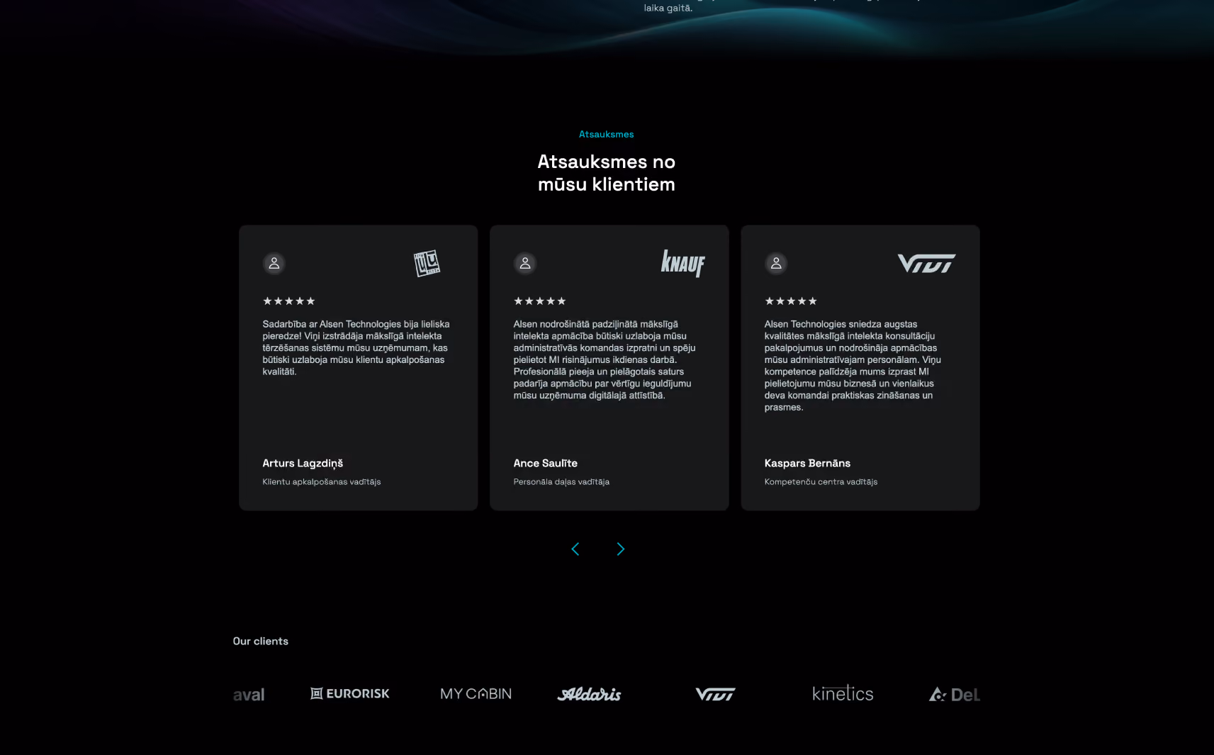 Three client testimonial cards in Latvian with star ratings and company logos, names Arturs Lagzdiņš, Ance Saulīte, Kaspars Bernāns, and several client company logos below on a black background.