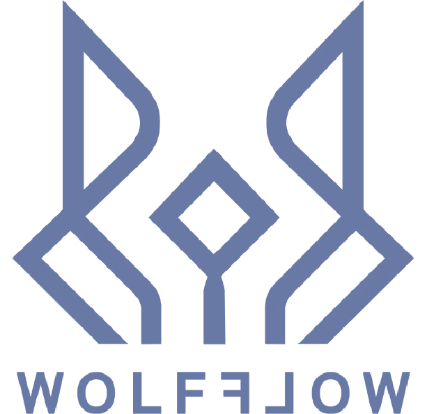 Abstract geometric wolf face logo with symmetrical sharp lines in blue.