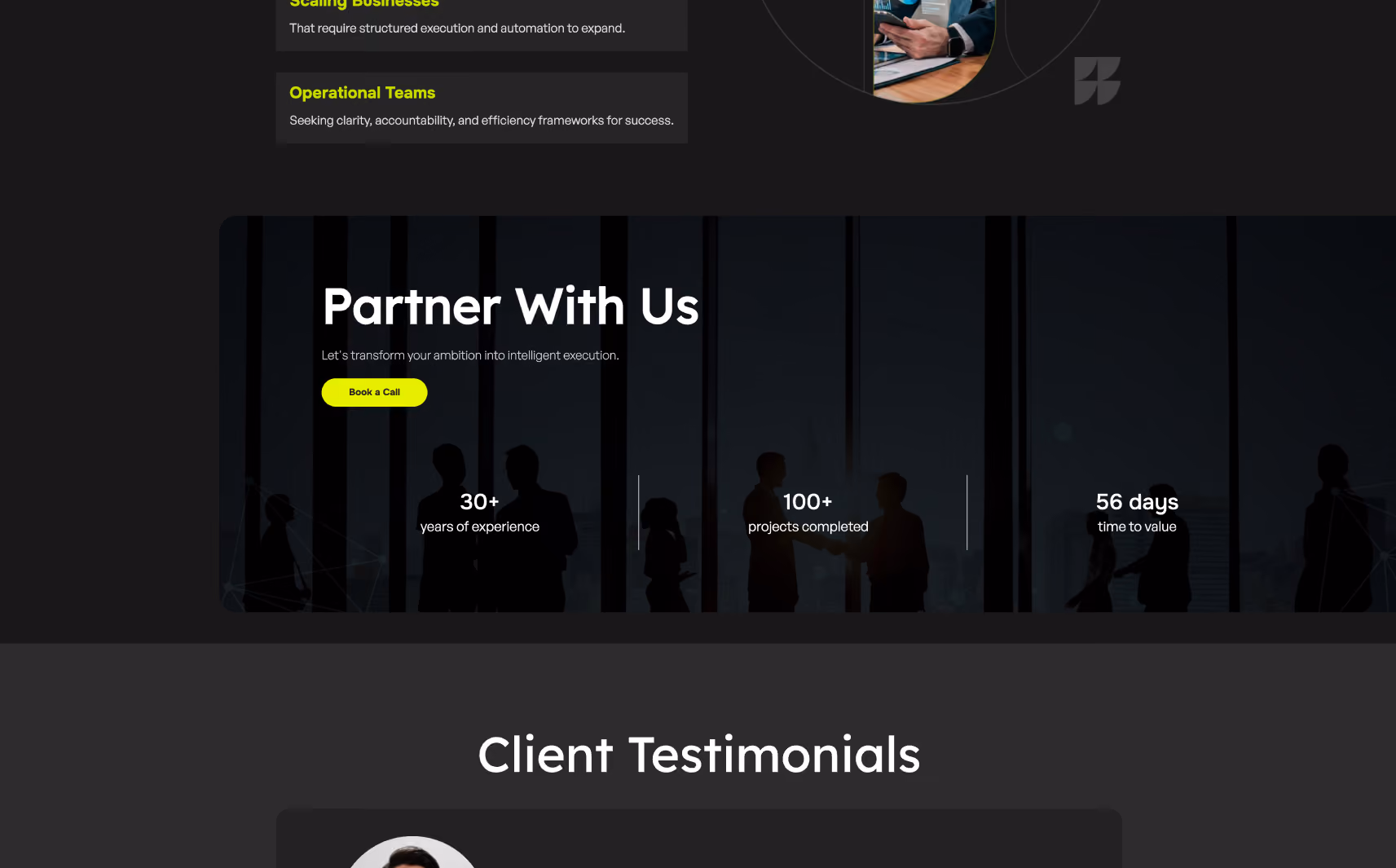 Silhouettes of business people in front of large windows with text: Partner With Us, 30+ years of experience, 100+ projects completed, 56 days time to value, and a yellow Book a Call button.