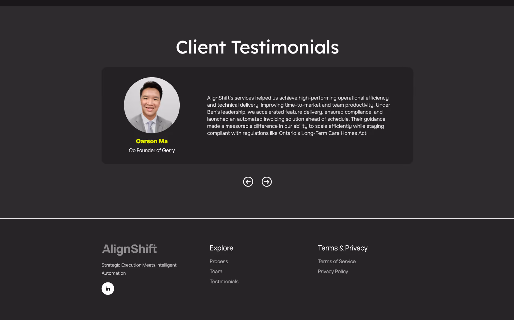Client testimonial section with a photo of Carson Ma, Co Founder of Gerry, accompanied by his positive review of AlignShift’s services improving operational efficiency and compliance.