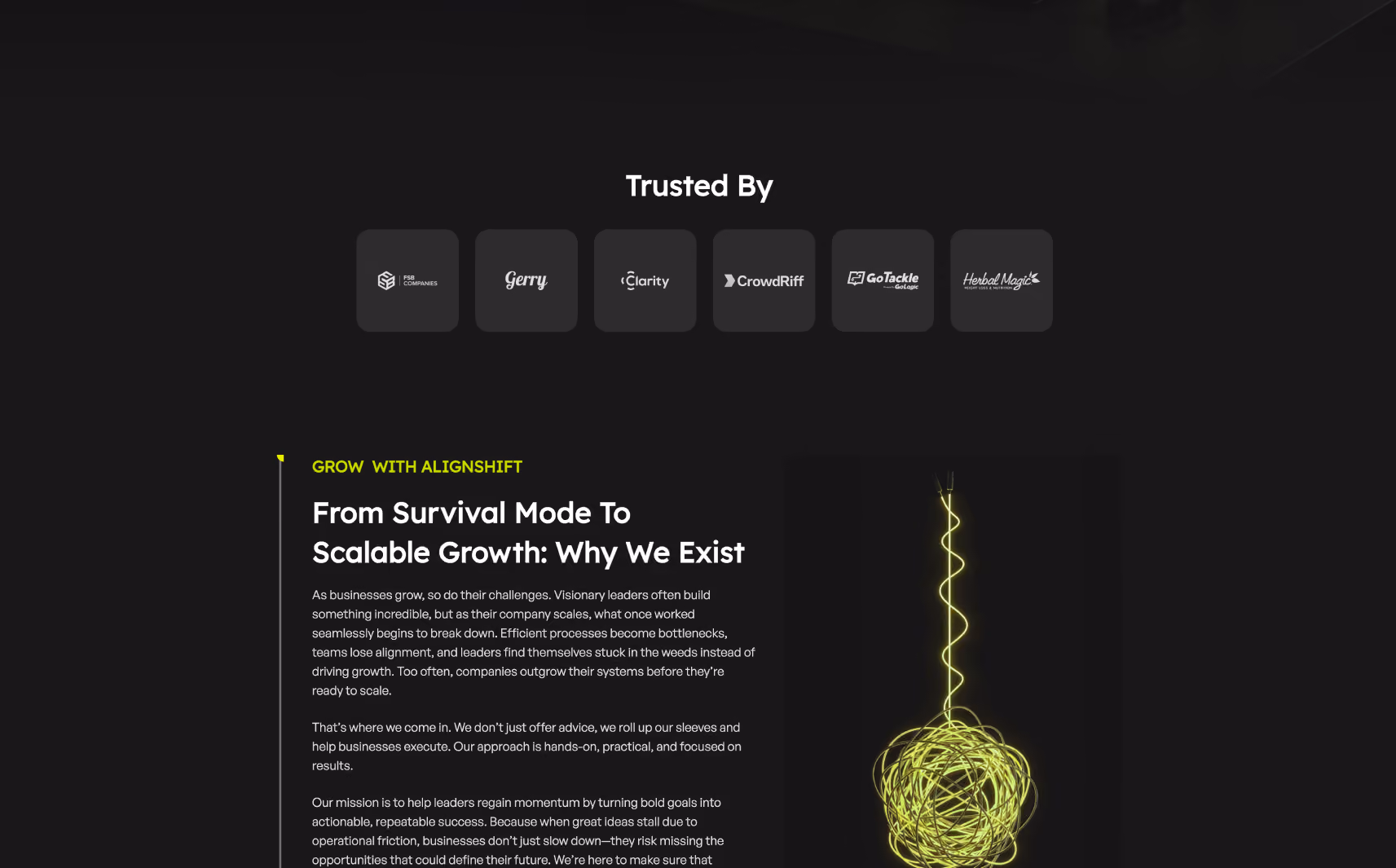 Section titled 'From Survival Mode To Scalable Growth: Why We Exist' with company logos above and a glowing tangled yellow wire illustration on the right.