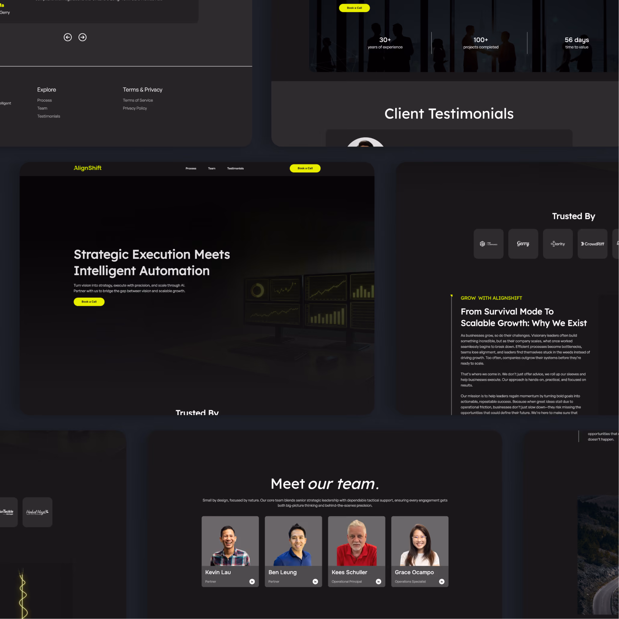 Website homepage of AlignShift with sections for strategic execution and automation, trusted by companies, and team member profiles including Kevin Lau, Ben Leung, Kees Schuller, and Grace Ocampo.