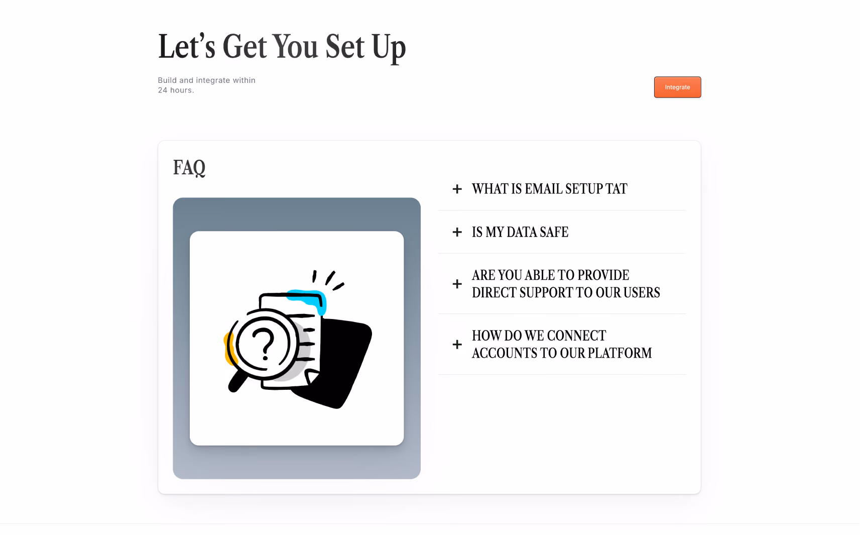 FAQ section with a stylized icon of a magnifying glass over a paper with a question mark and a list of four question titles about email setup, data safety, user support, and account connection.