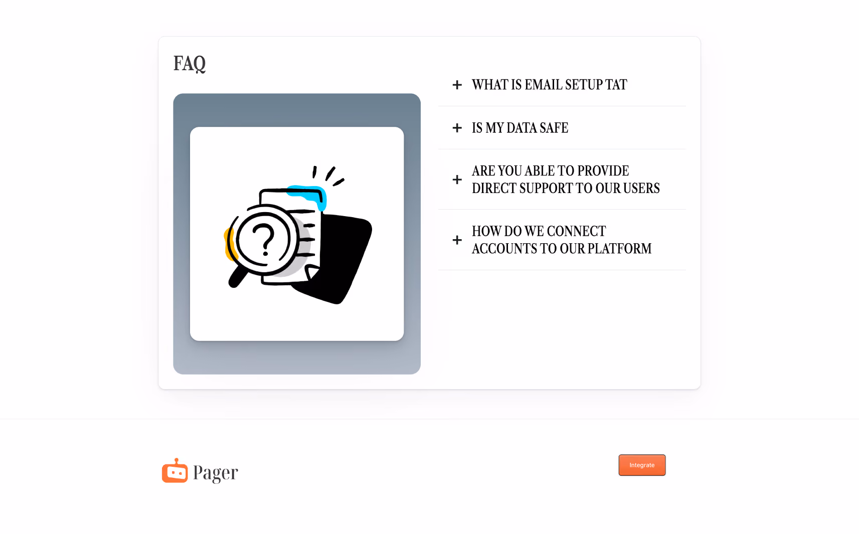 FAQ section with a magnifying glass and document icon on the left and four questions about email setup, data safety, user support, and account connection on the right.