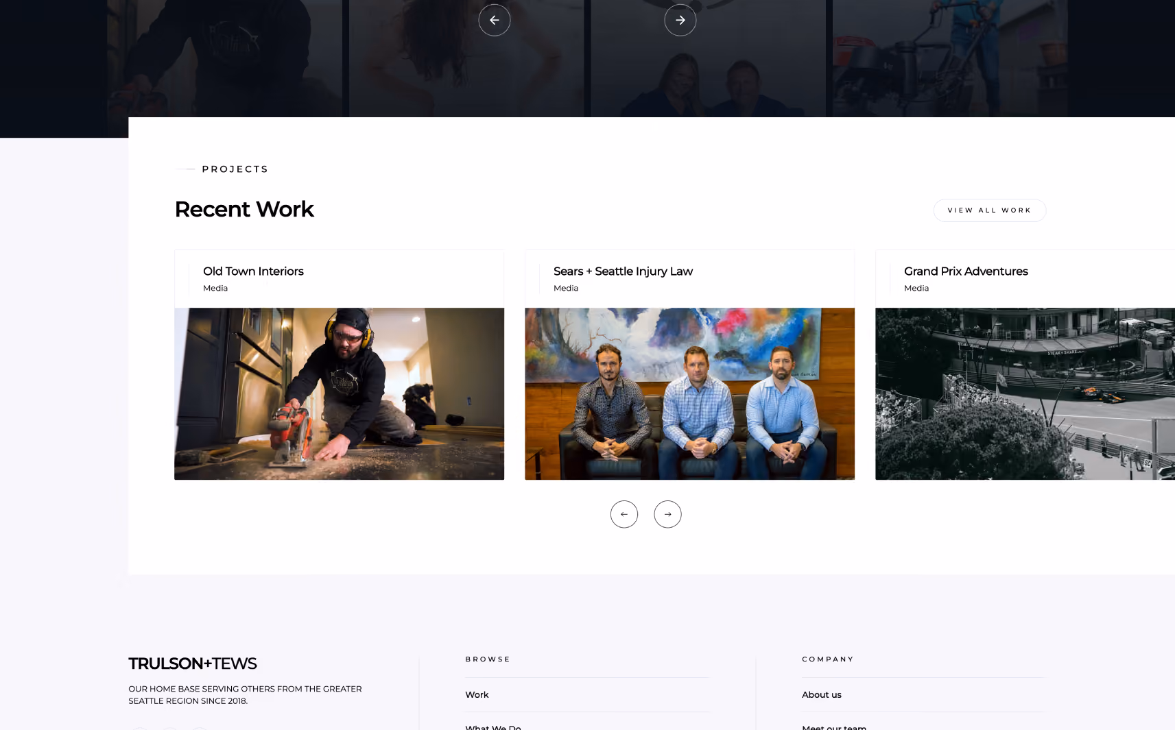 Website section titled Recent Work showing three projects: a man using a power saw indoors, three men seated on a couch, and a race car on a track.
