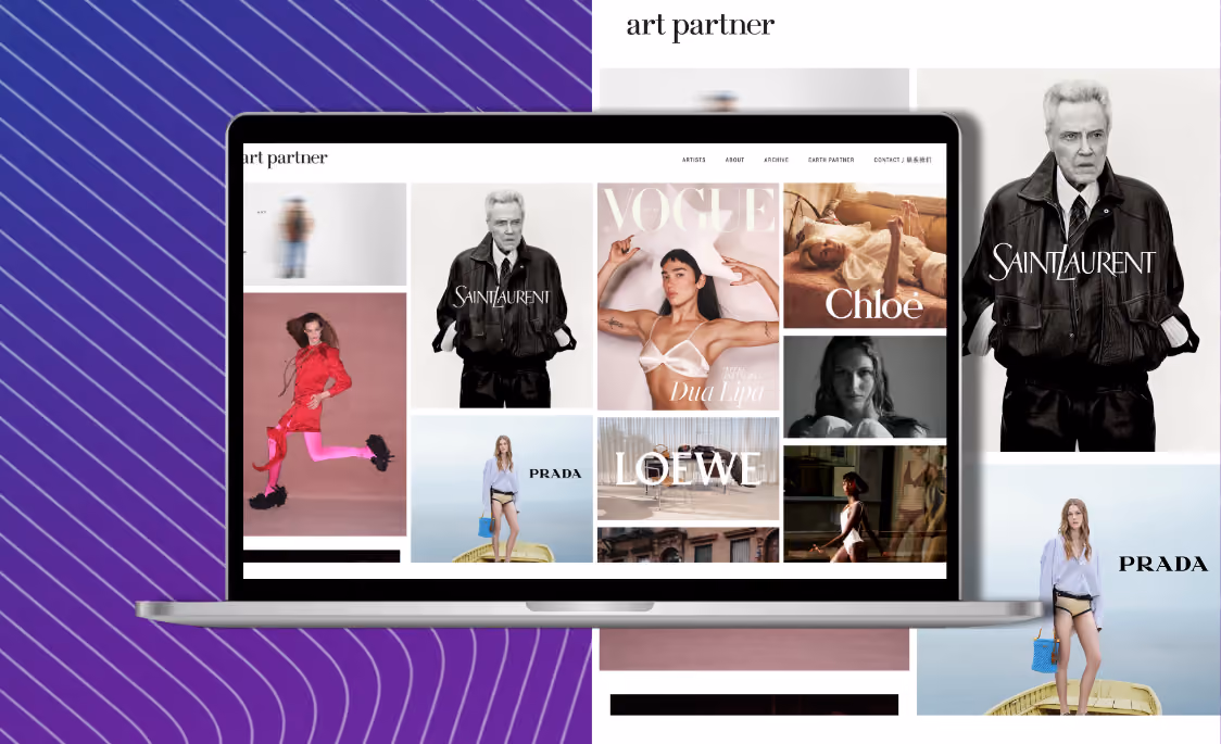 Laptop displaying a collage of fashion images and brand logos including Saint Laurent, Vogue, Chloé, Prada, and Loewe on a purple background with diagonal lines.