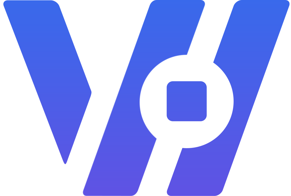 Blue stylized letters V and Y with a circle containing a square in the center of the Y.