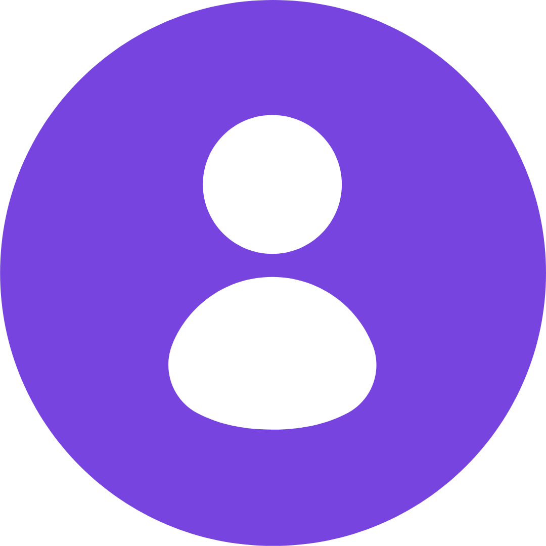 White user profile silhouette icon on a purple circular background.