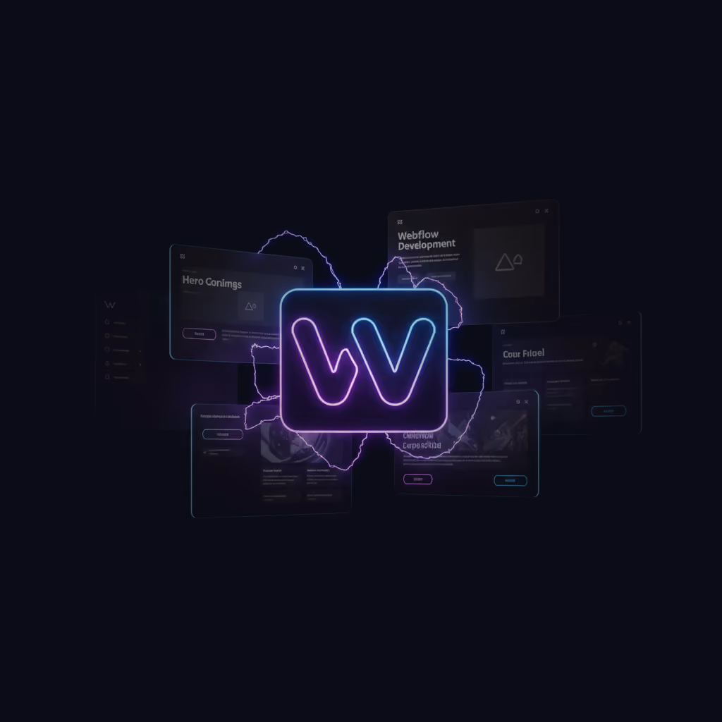 Glowing neon Webflow logo in purple and blue with six dark-themed UI design panels orbiting around it on a black background.