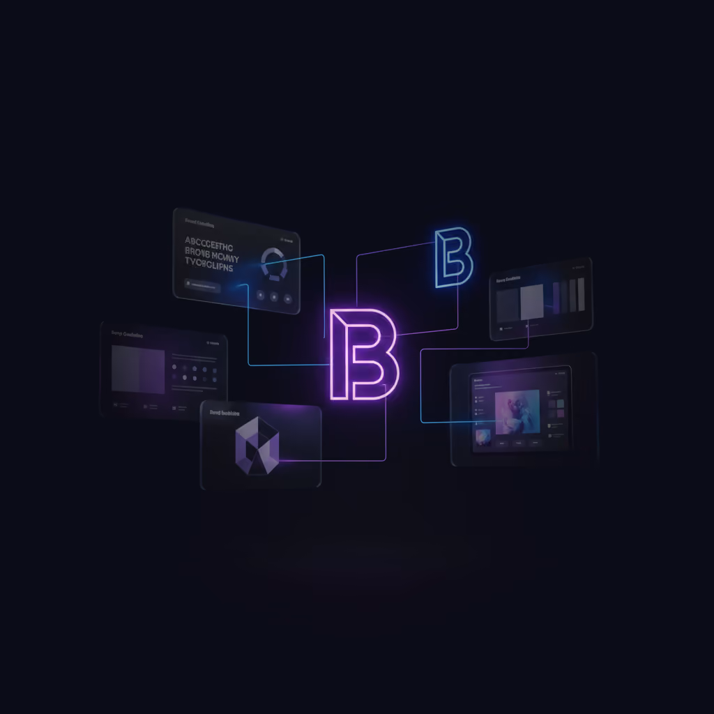 Digital interface with a glowing purple 'B' connected by lines to multiple floating screens displaying graphs, charts, and icons on a dark background.