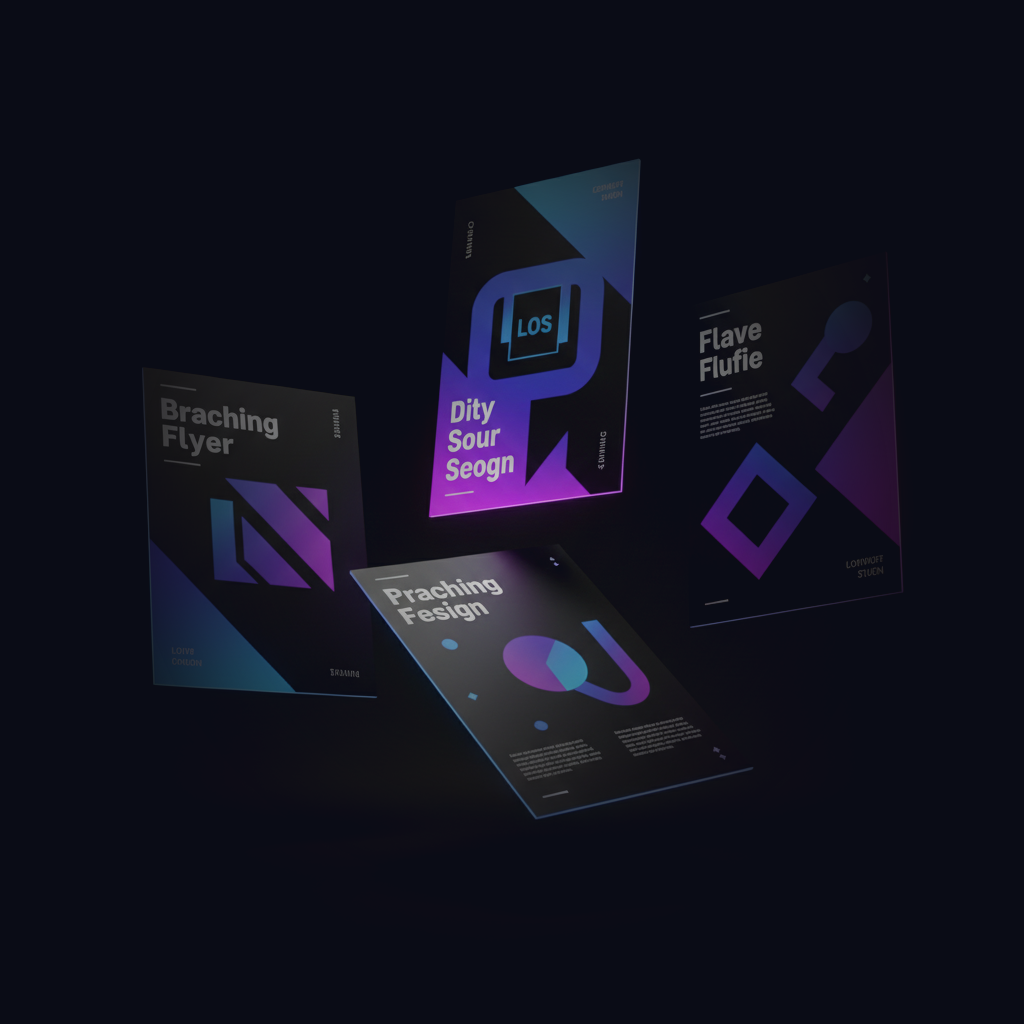 Four floating abstract design posters in dark blue and purple tones with geometric shapes and stylized text.