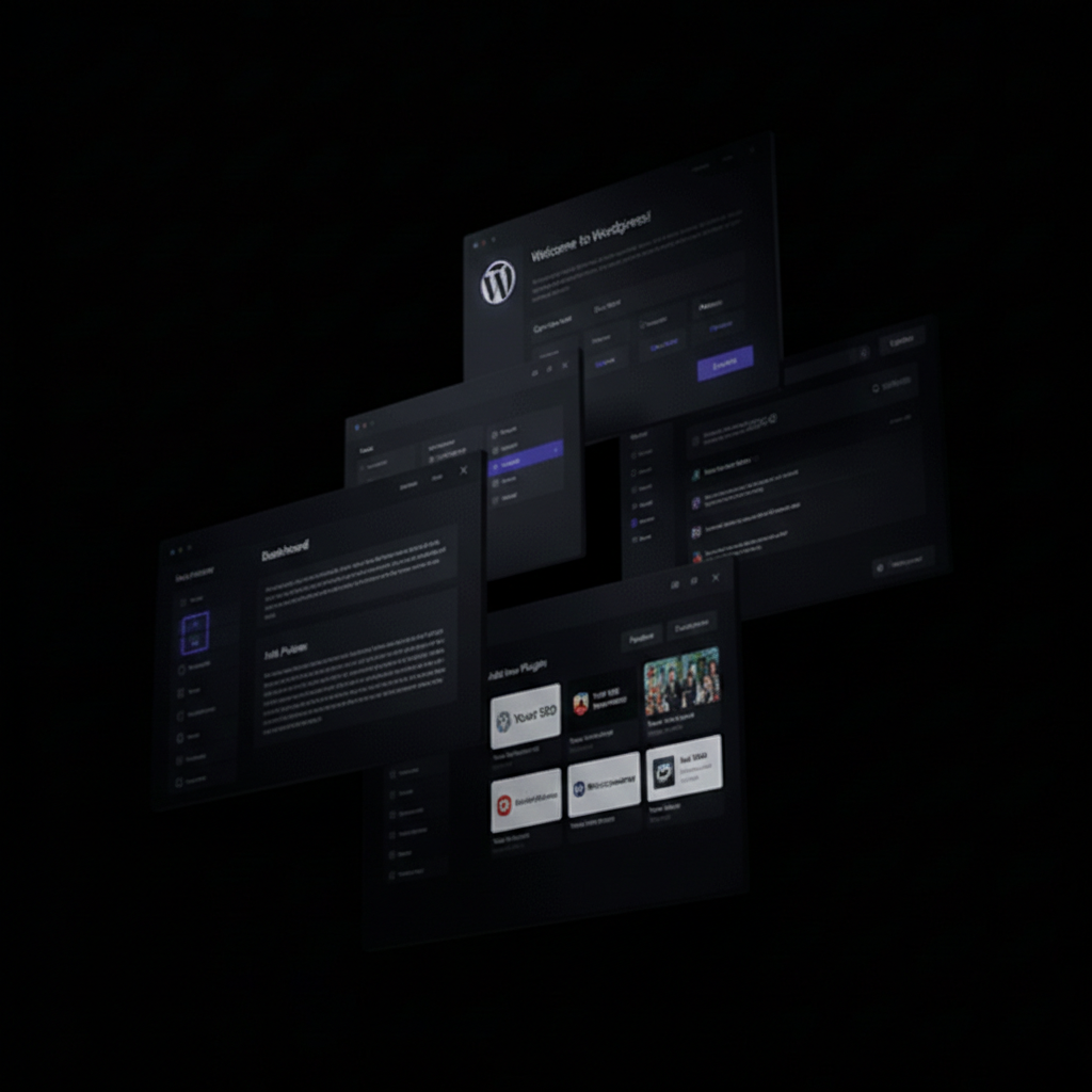 Dark-themed multiple overlapping WordPress admin dashboard windows showing plugins, dashboard, and welcome screens.