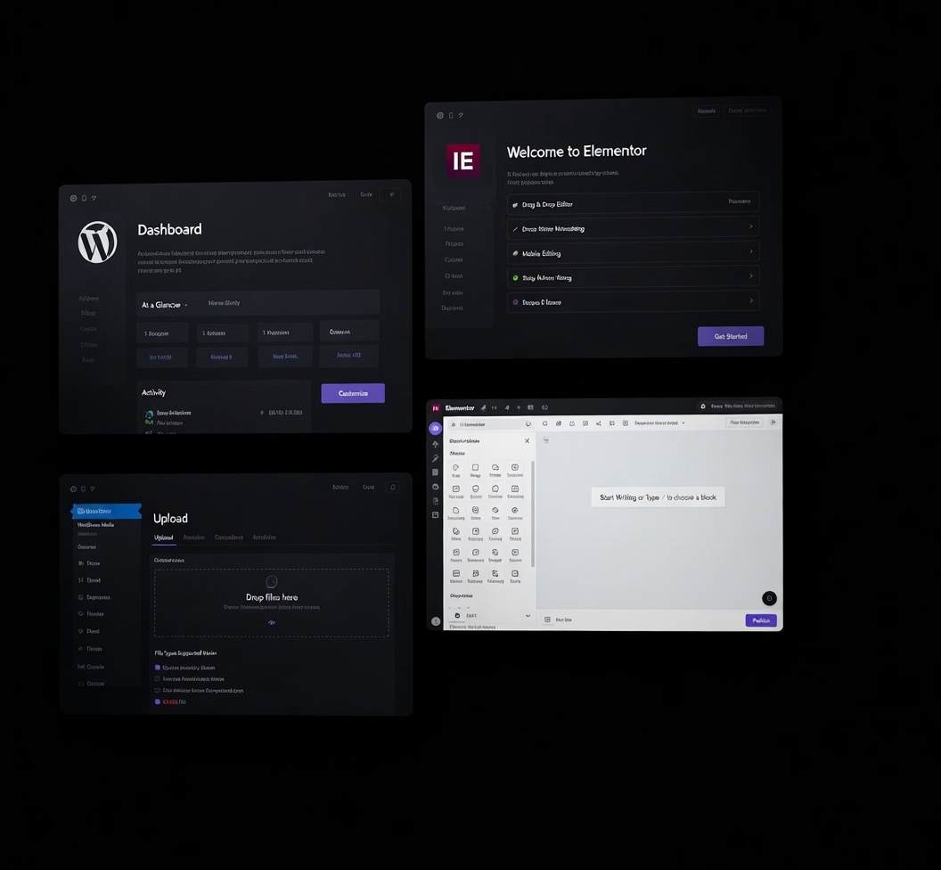Four screenshots of website and content editors including WordPress dashboard, Elementor welcome page, file upload interface, and block editor.