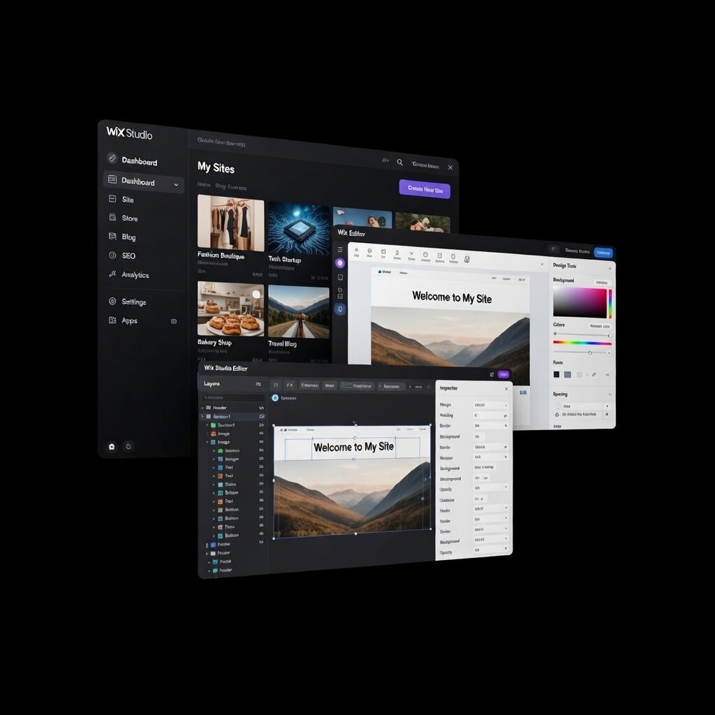 Three overlapping Wix Studio interface windows showing site dashboard, site editor with ‘Welcome to My Site’ text, and design tools panel.