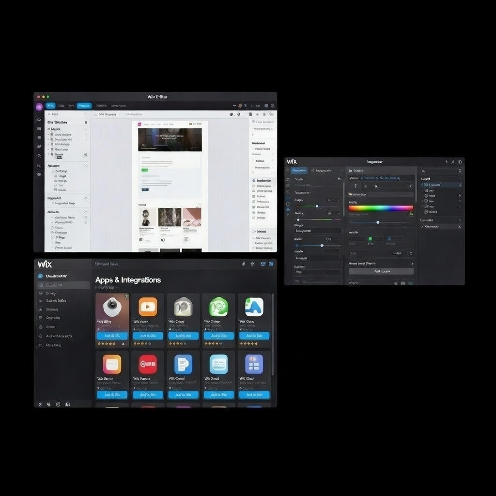 Three Wix Editor interface screenshots showing site editing tools, apps & integrations, and color settings.